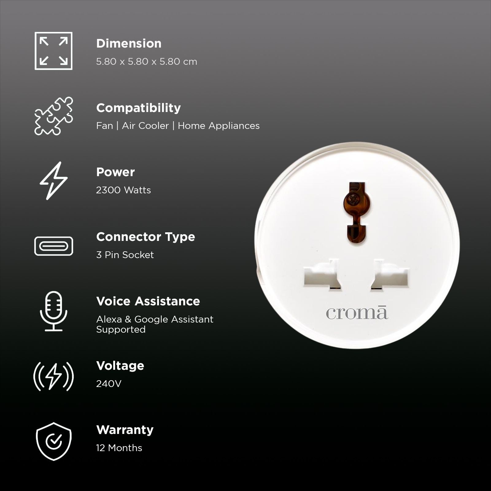 Croma Alexa & Google Assistant Smart Plug For Room Heater, Air Conditioner (Voice control, CRSP10ASPA327201, White)_2