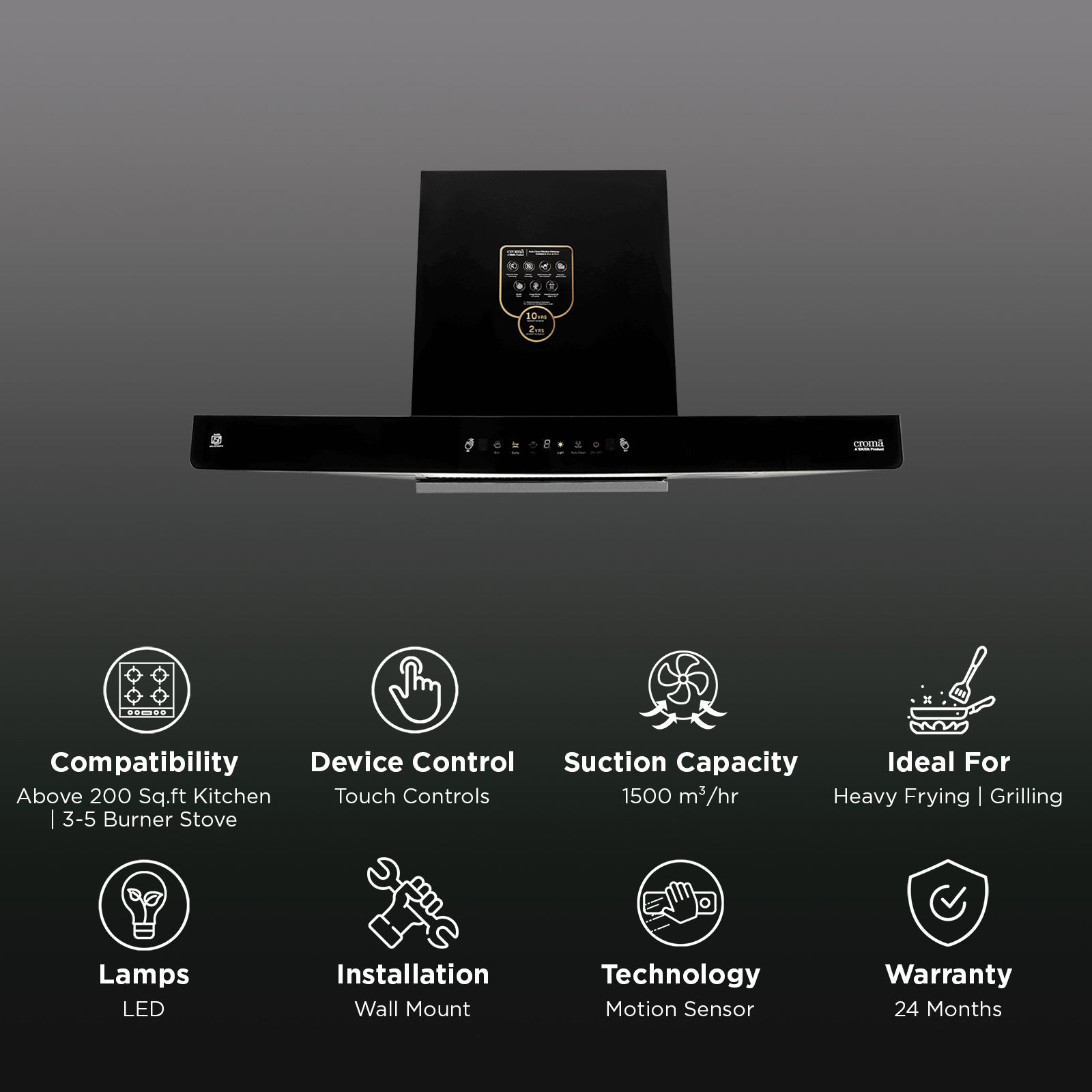 Croma AG1112 90cm 1500m³/hr Auto Clean Wall Mounted Chimney with Touch Control (Black)_2