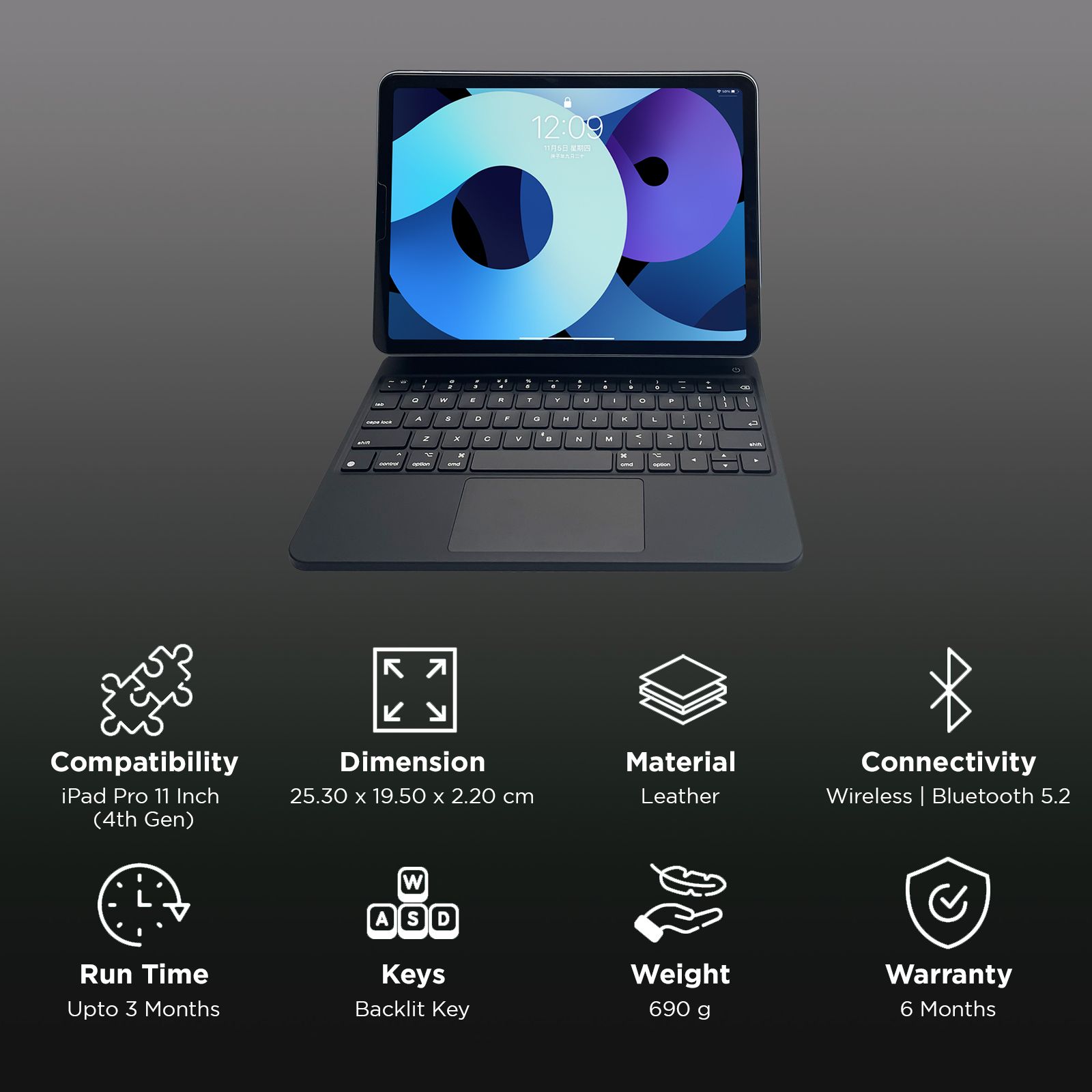 Croma Magic Bluetooth Keyboard Case for iPad Pro 11 Inch (4th Gen) with 3 Months Battery Life (Backlit Keys, Black)_3