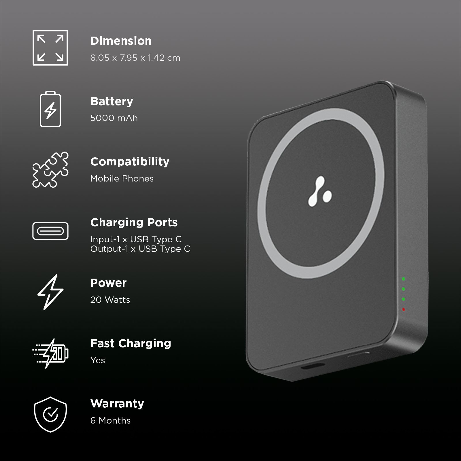 ambrane Aerosync PB 5 5000 mAh 20W Fast Charging Power Bank (1 Type C Port, Premium Metal Casing, Magsafe Compatibility, Black)_3