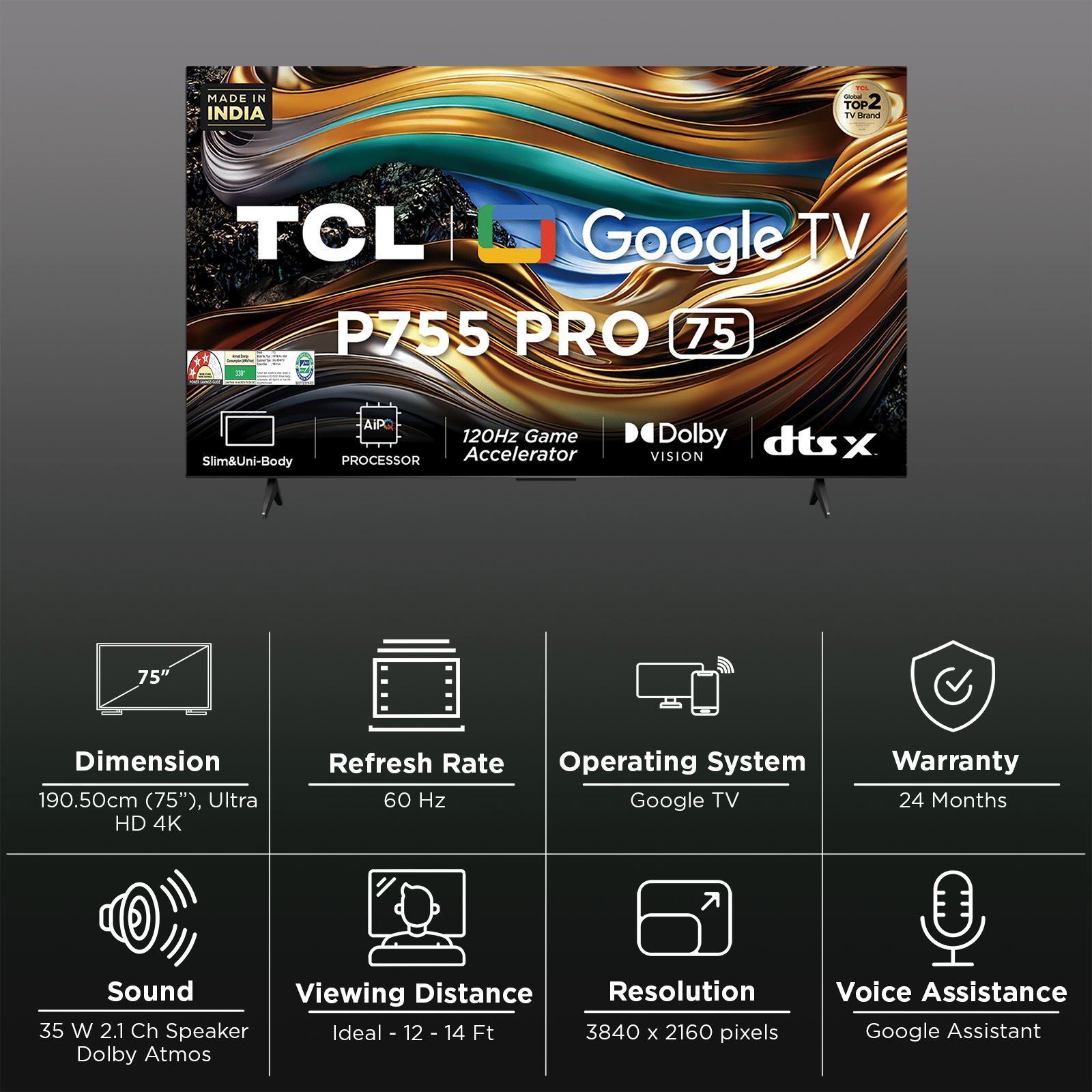 TCL P755 Pro 190.5 cm (75 inch) QLED 4K Ultra HD Smart Google TV with Dolby Vision and Dolby Atmos (2024 model)_3