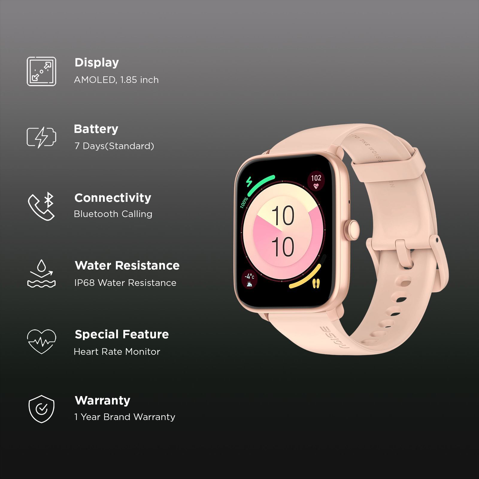 noise ColorFit Pulse 4 Smartwatch with Bluetooth Calling (46.9mm AMOLED Display, IP68 Water Resistant, Rose Gold Pink Strap)_2