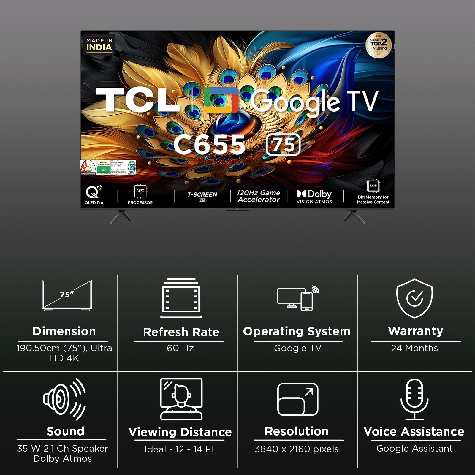 TCL C655 190.5 cm (75 inch) QLED 4K Ultra HD Google TV with Dolby Vision (2024 model)_3