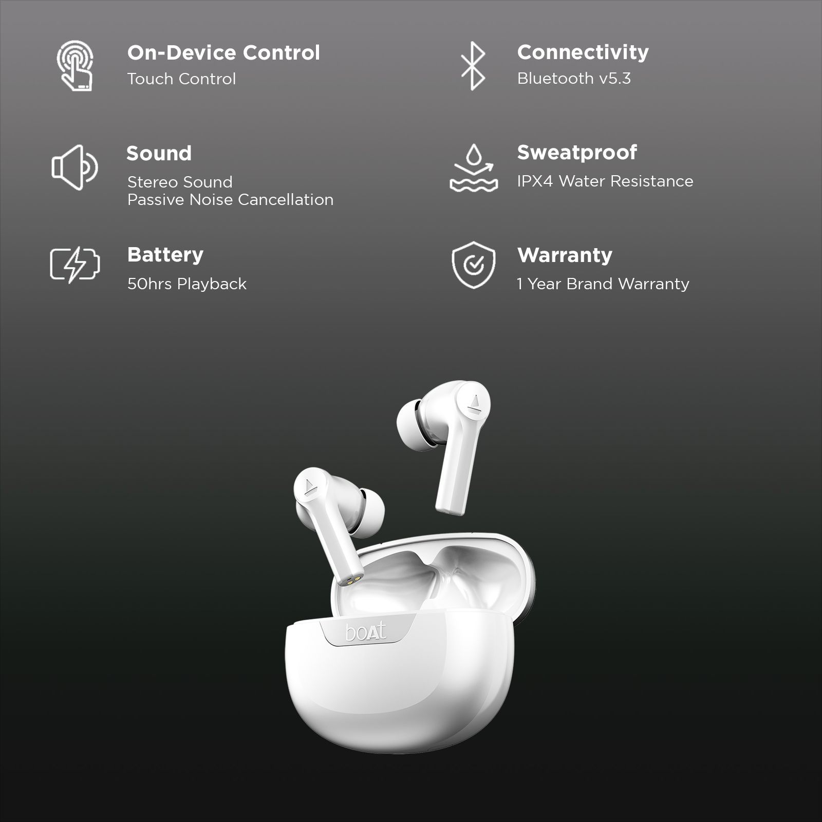 boAt Airdopes 300 TWS Earbuds with AI Environmental Noise Cancellation (IPX4 Water Proof, Splash & Sweat Resistance, 50 Hours Playback, Chrome White)_2