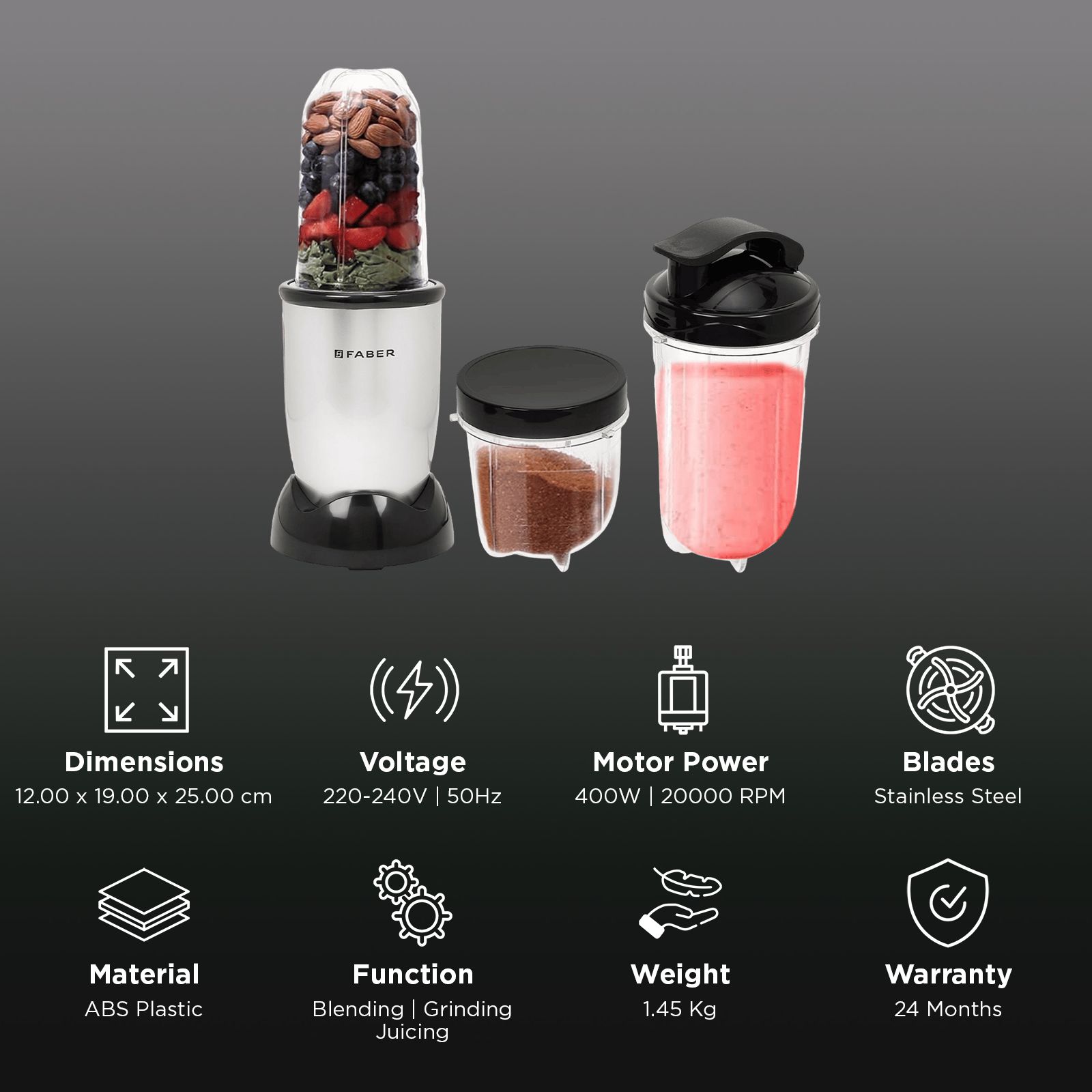 FABER Sportz 400 Watt 2 Jars Mixer Grinder Blender (20000 RPM, Copper Motor, Silver)_3