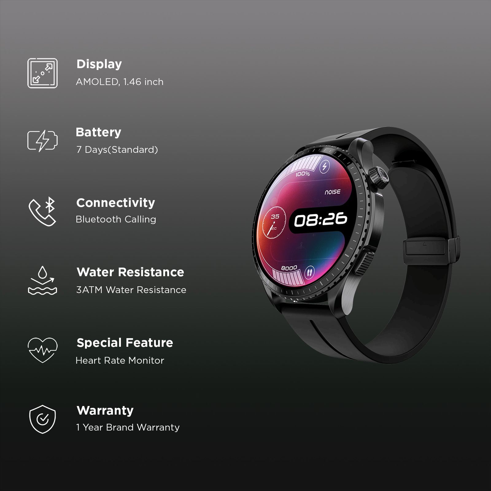 noise NoiseFit Origin Smartwatch with Bluetooth Calling (37.1mm AMOLED Display, 3ATM Water Resistant, Midnight Black Strap)_2