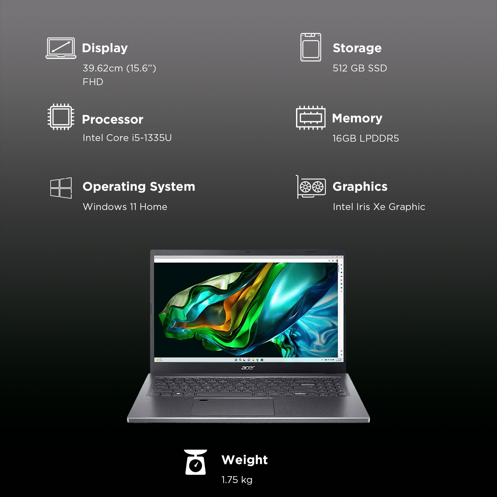 acer Aspire 5 Intel Core i5 13th Gen Thin & Light Laptop (16GB, 512GB SSD, Windows 11 Home, 15.6 inch Full HD Display, MS Office 2021, Steel Gray, 1.75 KG)_3