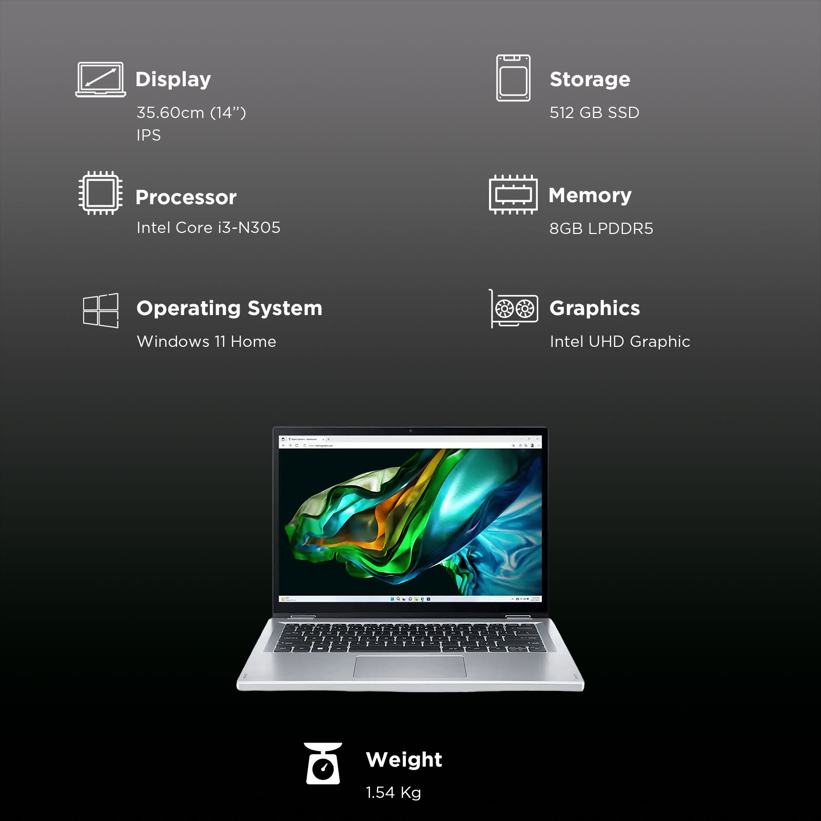 acer Aspire 3 Spin A3SP14-31PT Intel Core i3 Touchscreen 2-in-1 Laptop (8GB, 512GB SSD, Windows 11 Pro, 14 inch WUXGA IPS Display, MS Office 2021, Silver, 1.54 KG)_3