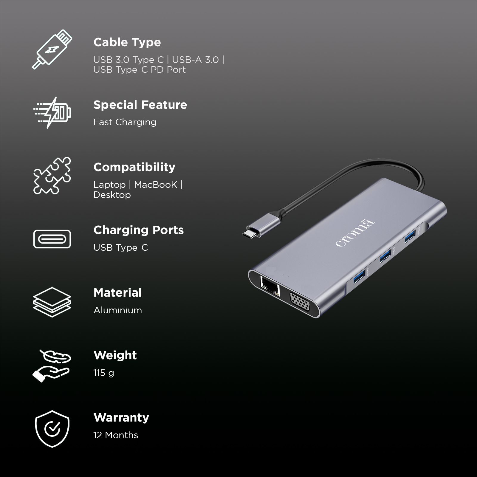 Croma 10-in-1 USB 3.0 Type C to USB-A 3.0, HDMI, VGA, SD, TF card, USB Type-C PD Port, Ethernet, 3.5mm Audio Jack Multi Utility Hub (Supports Fast Charging, Grey)_2