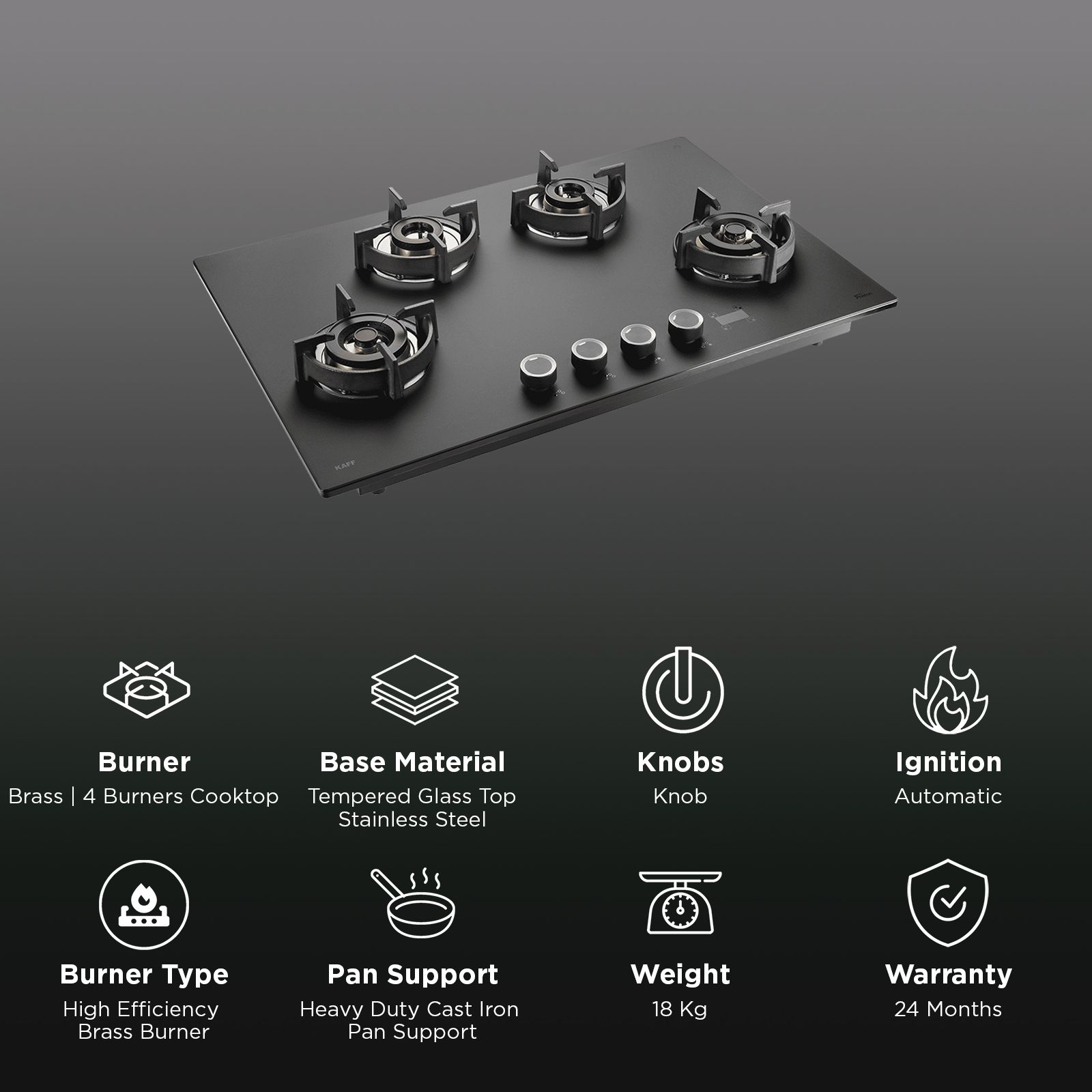 KAFF Preston Tempered Glass Top 4 Burners Automatic Hob (Flame Failure Device, Frosted Matt Black)_3