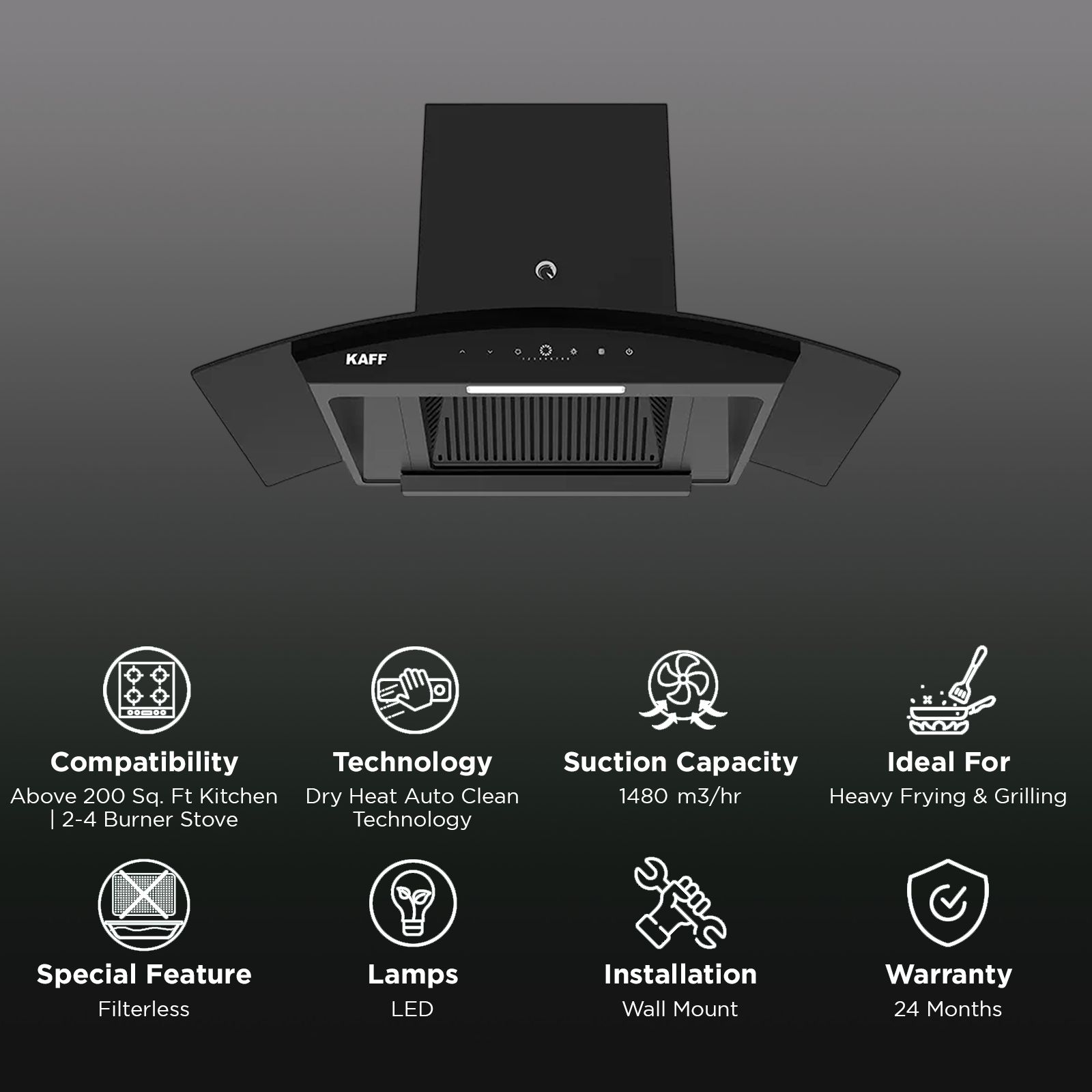 KAFF VASCO DC 75cm 1480m3/hr Ductless Auto Clean Wall Mounted Chimney with Gesture Control (Black) _3