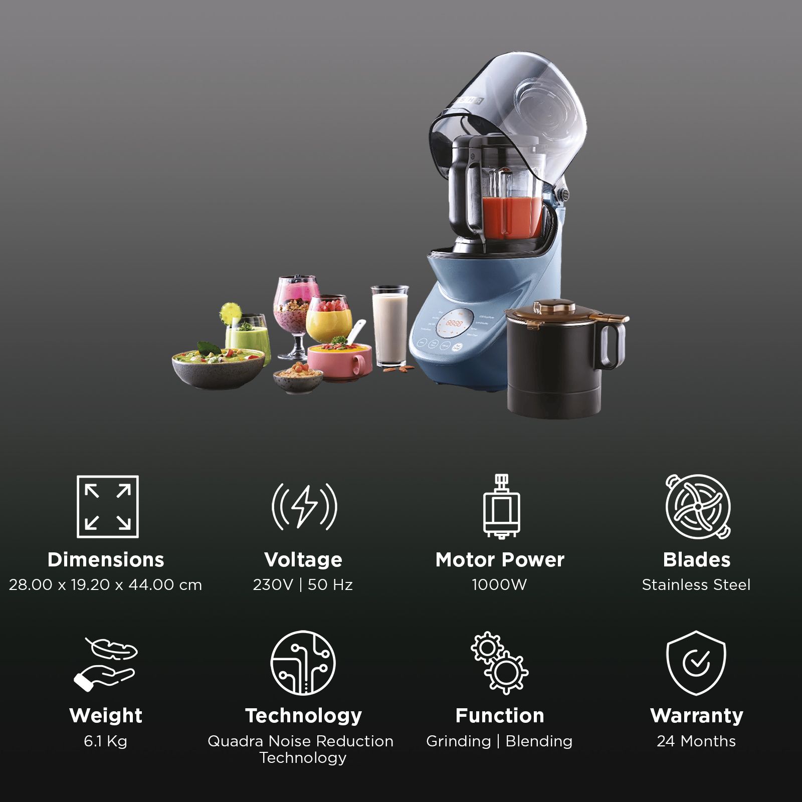 USHA iChef 1000 Watt 2 Jars Blender Heater ( Quadra Noise Reduction Technology, Blue)_3