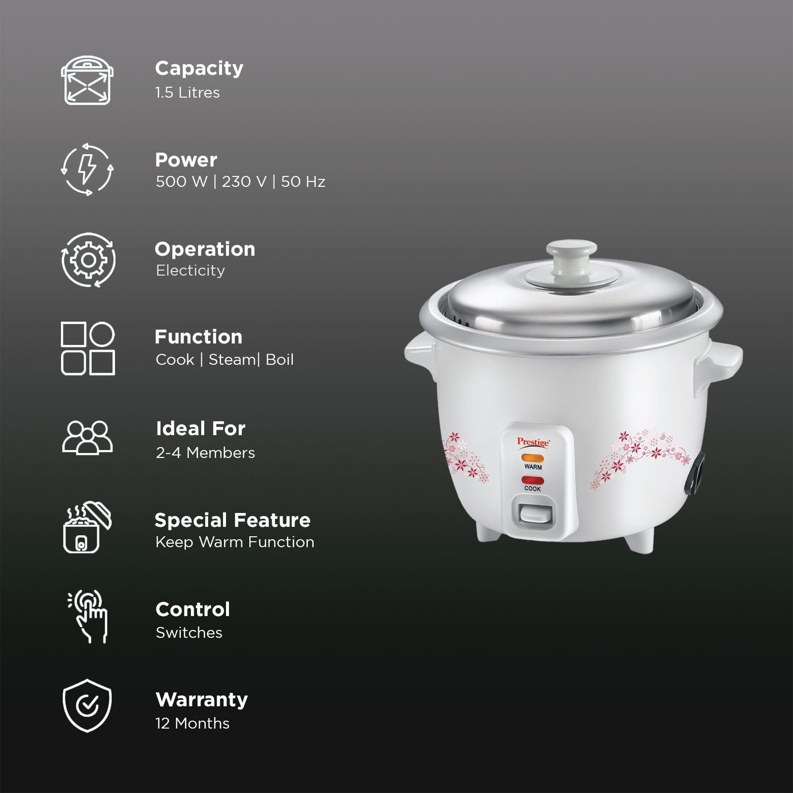 Prestige Delight PRWO 1.5 Litre Electric Rice Cooker with Auto Keep Warm Function (White) Prestige Delight PRWO 1.5 Litre Electric Rice Cooker with Auto Keep Warm Function (White)_3