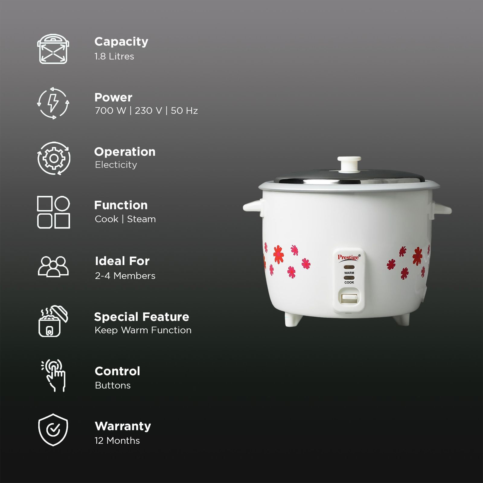 Prestige Delight PRWO 1.8 Litre Electric Rice Cooker with Keep Warm Function (White) Prestige Delight PRWO 1.8 Litre Electric Rice Cooker with Keep Warm Function (White)_3