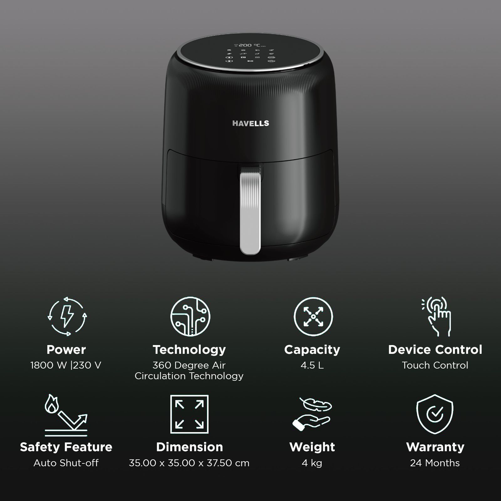 HAVELLS Prolife Neo 4.5L 1500 Watt Digital Air Fryer with Aero Crisp Technology (Black)_3