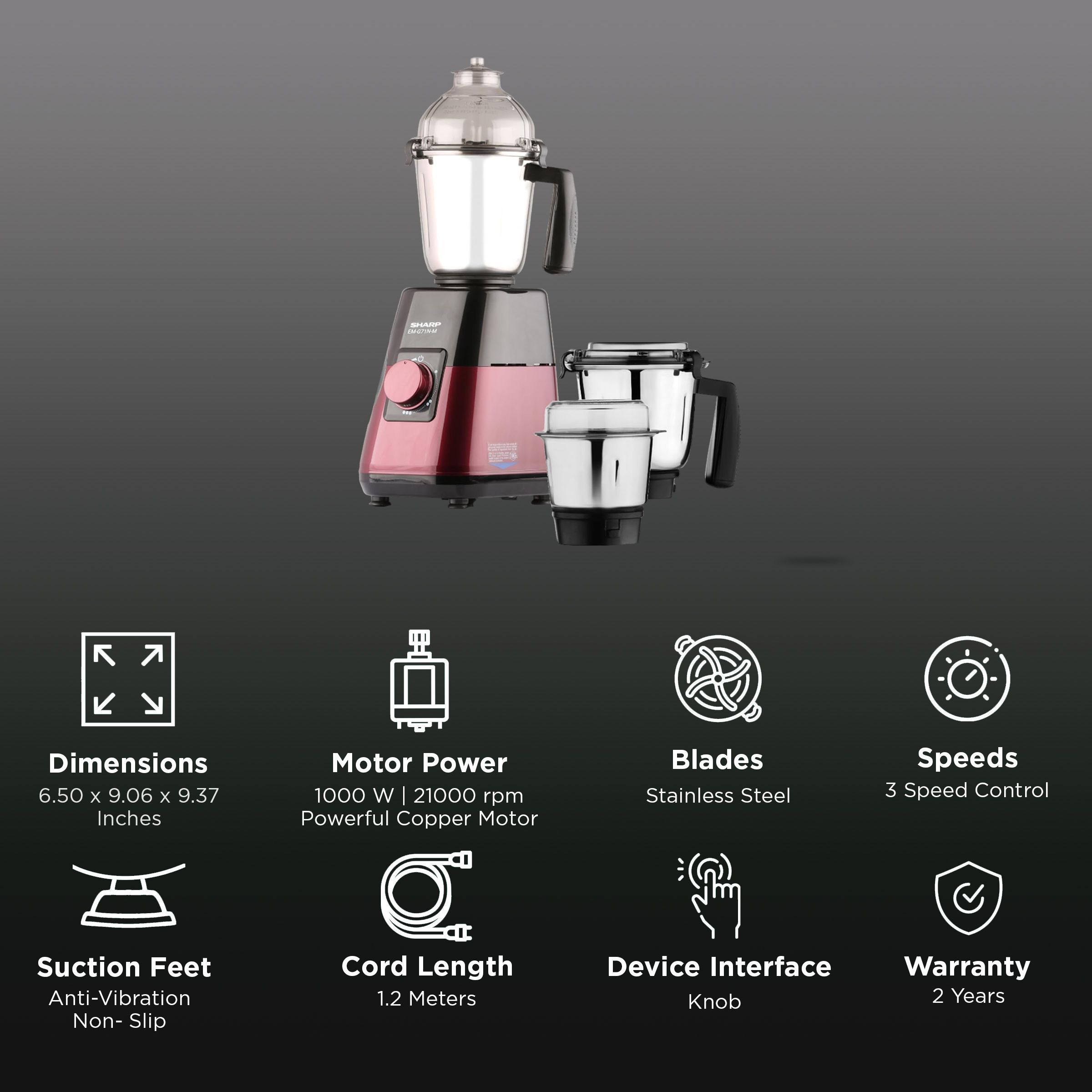 SHARP 1000 Watt 3 Jars Juicer Mixer Grinder (21000 RPM, Auto Cut Off, Maroon Metallic)_2