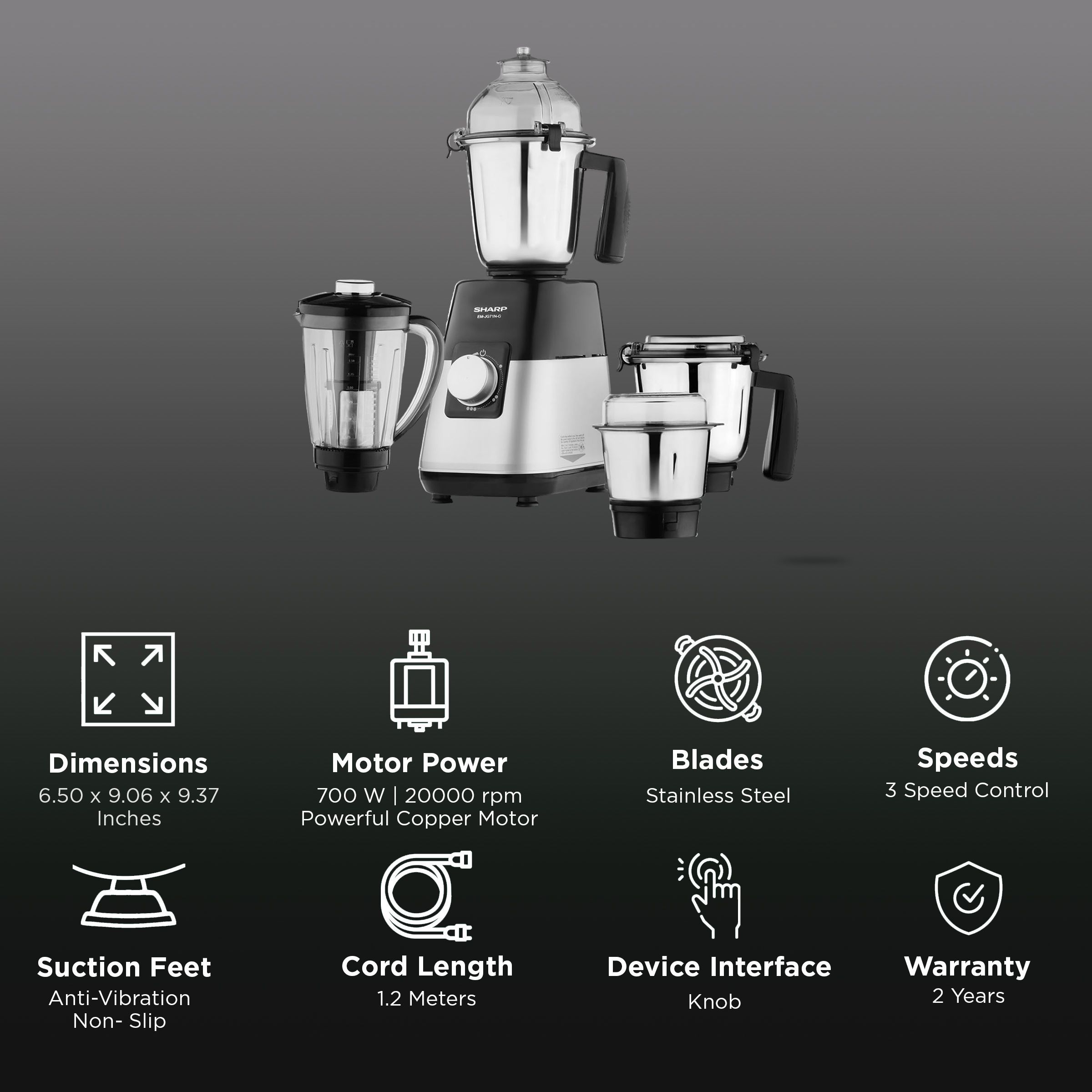 SHARP 750 Watt 4 Jars Juicer Mixer Grinder (20000 RPM, Auto Cut-off, Silver Metallic)_2