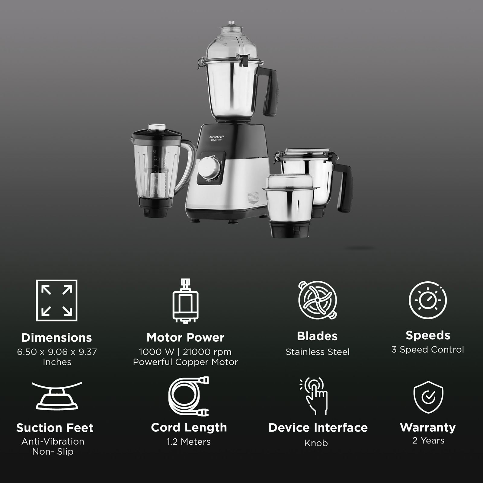 SHARP 1000 Watt 4 Jars Juicer Mixer Grinder (21000 RPM, Auto Cut-off, Silver Metallic)_2