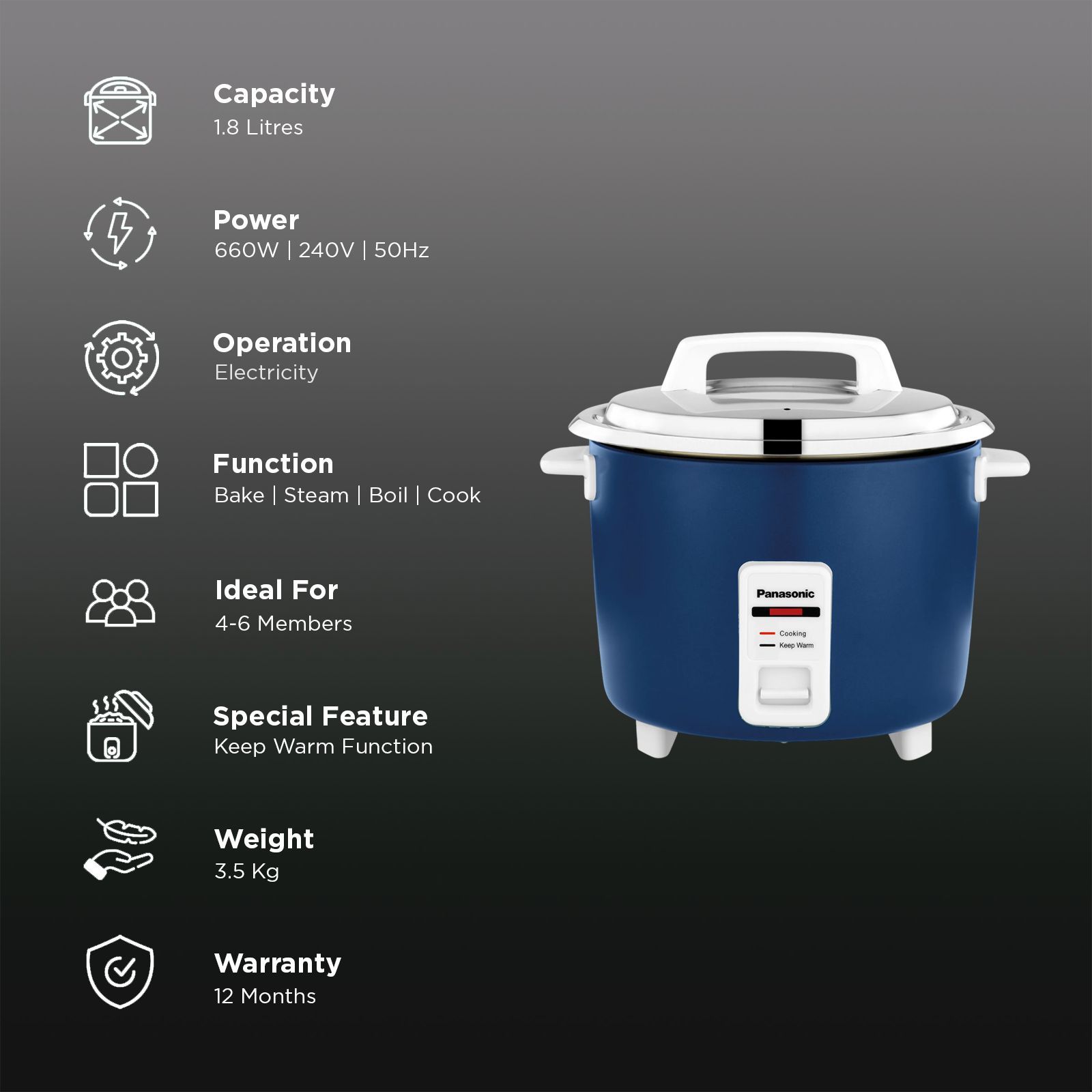 Panasonic Steel XS 1.8 Litre Electric Rice Cooker with Keep Warm Function (Midnight Blue)_3