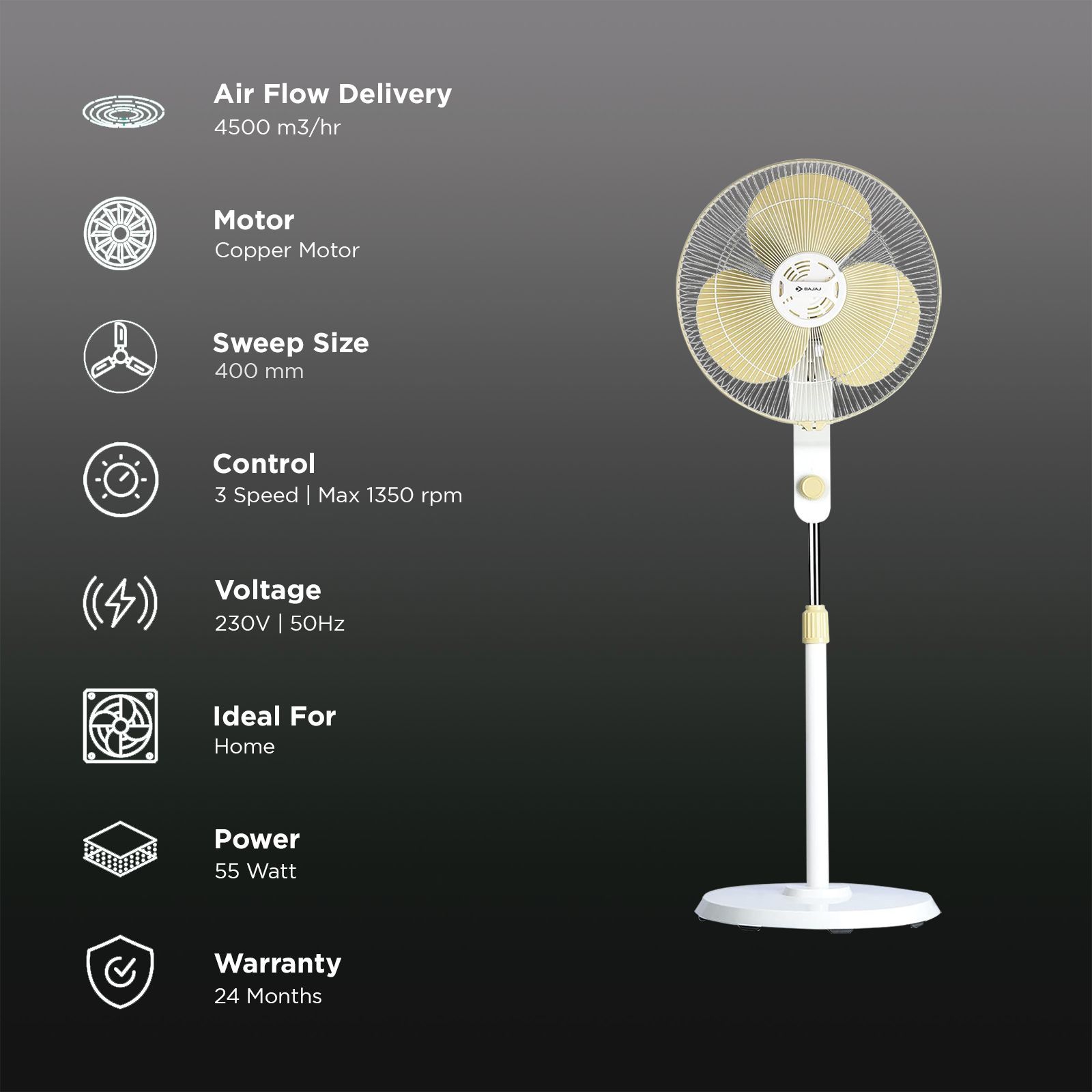 BAJAJ Veloce 400mm 3 Blade Silent Operation Pedestal Fan (Copper Motor, Champagne Fizz)_3