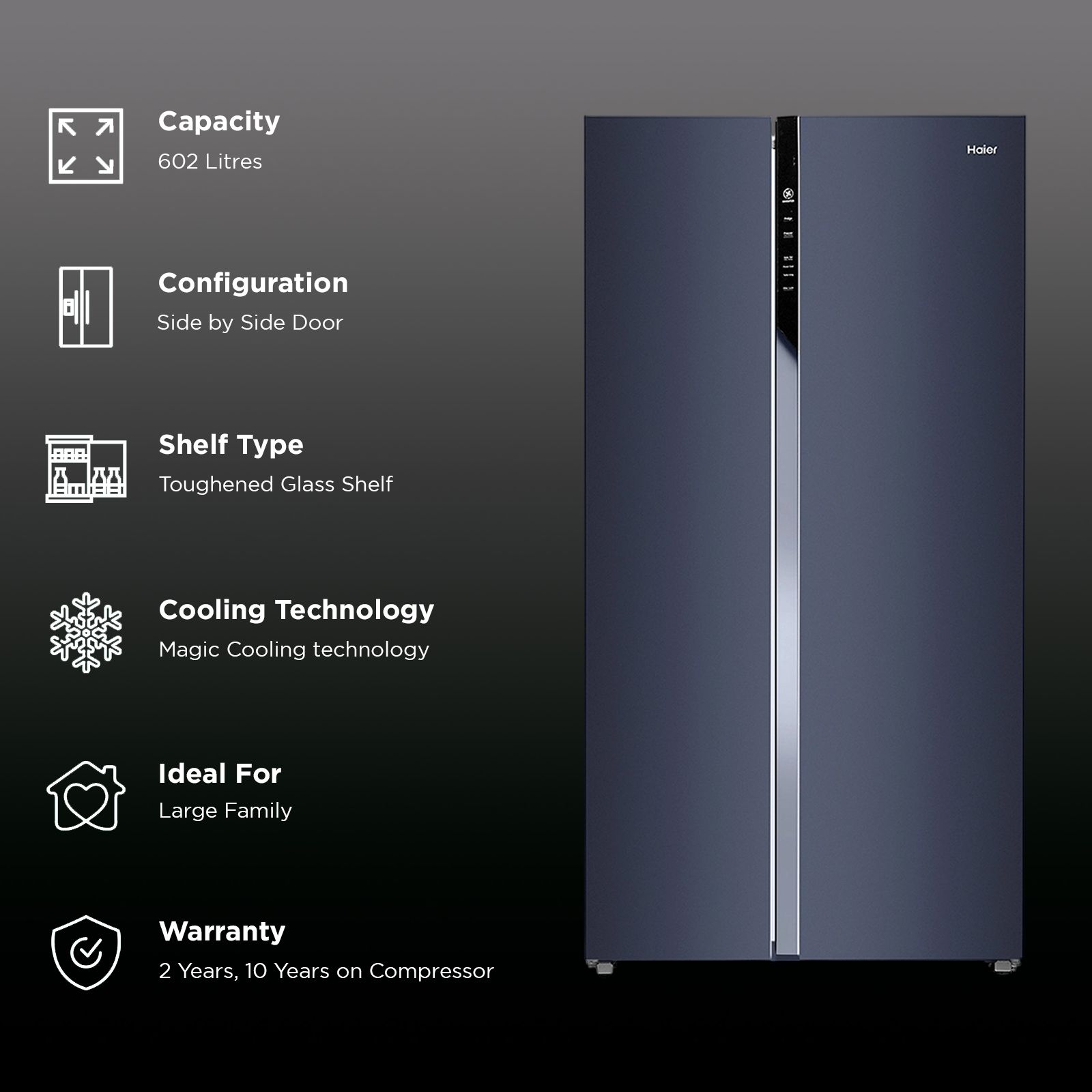 Haier 602 Litres 3 Star Frost Free Side By Side Door Smart Wifi Enabled Convertible Refrigerator with Deo Fresh Technology (HRS-682GKU1, Graphite Black)_2