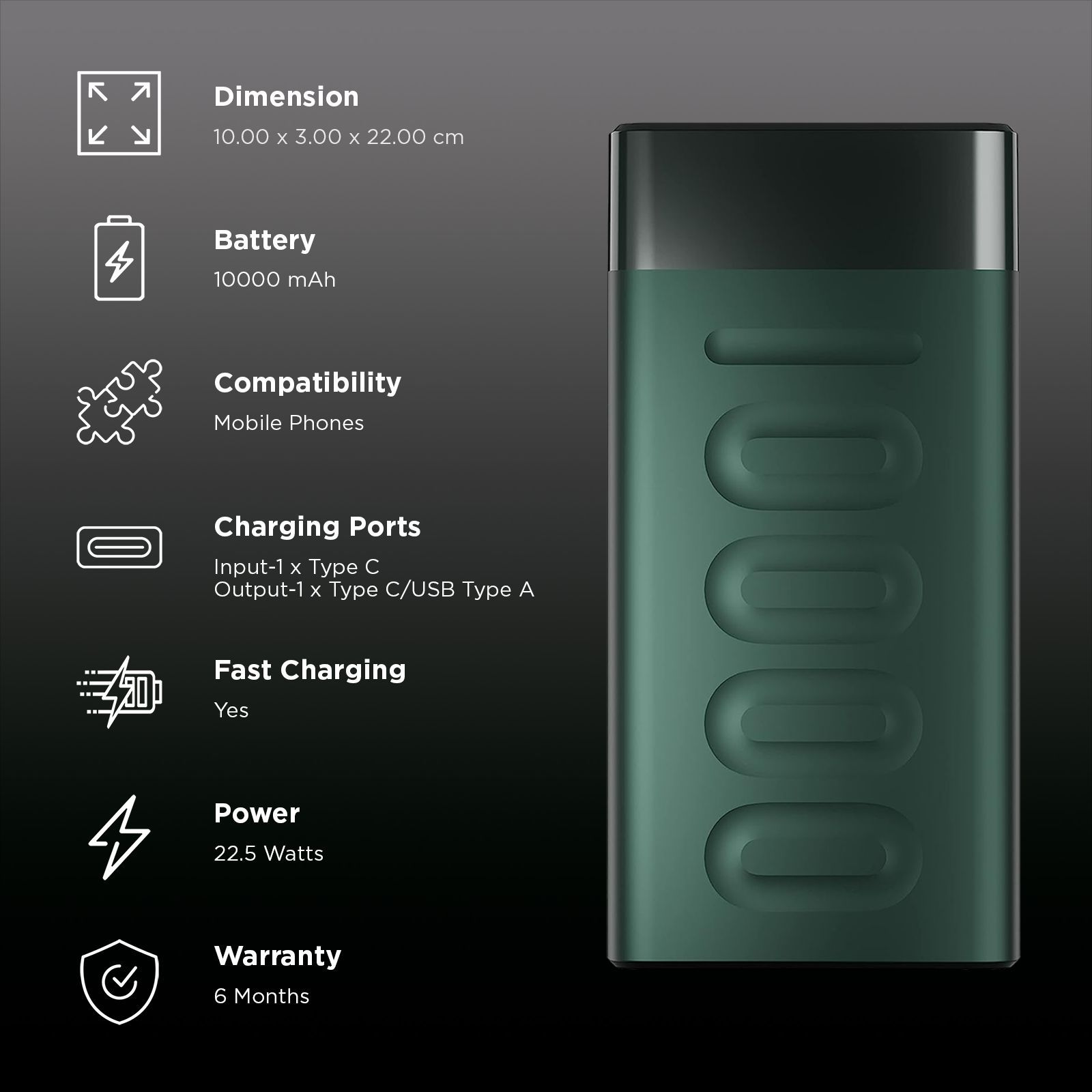 ambrane Stylo 10000 mAh 22.5W Fast Charging Power Bank (1 Type A & 1 Type C Ports, 12 Layers of Advanced Chipset Protection, Green) ambrane Stylo 10000 mAh 22.5W Fast Charging Power Bank (1 Type A & 1 Type C Ports, 12 Layers of Advanced Chipset Protection, Green)_3