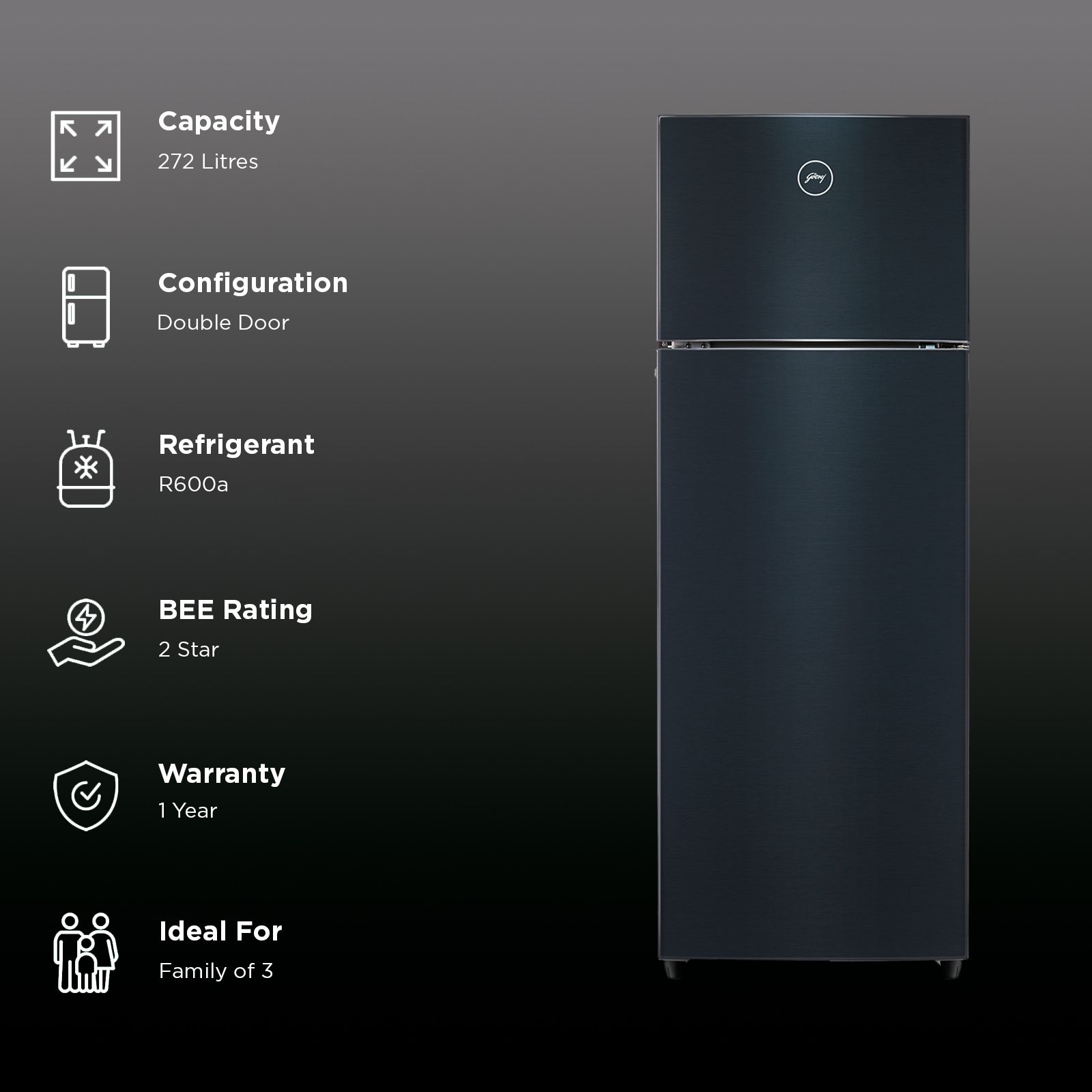 Godrej Eon Valor 272 Litres 2 Star Frost Free Double Door Refrigerator with Cool Balance Technology (RT EONVALOR 310B RI, Fossil Steel)_2