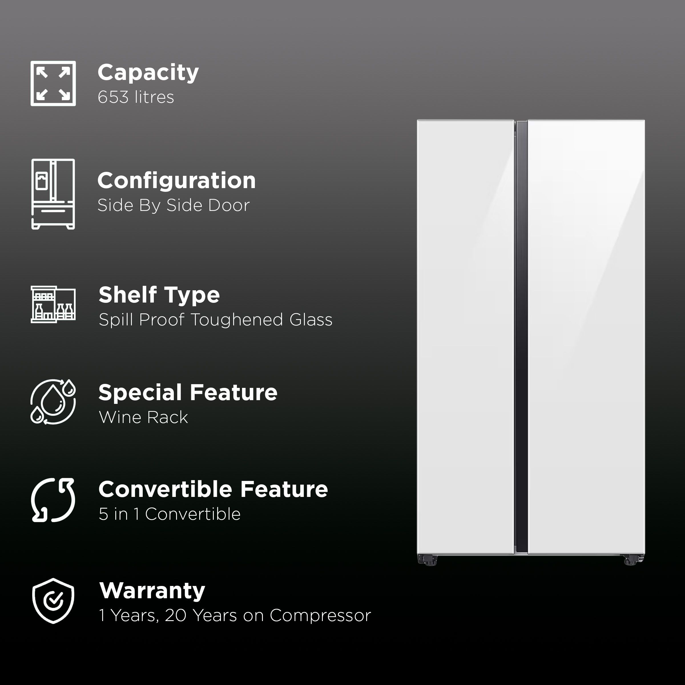 SAMSUNG 653 Litres 3 Star Frost Free Side by Side Door Smart Wifi Enabled  Convertible Refrigerator with Twin Cooling Plus Technology (RS76CB81A312/HL, Clean White)_3