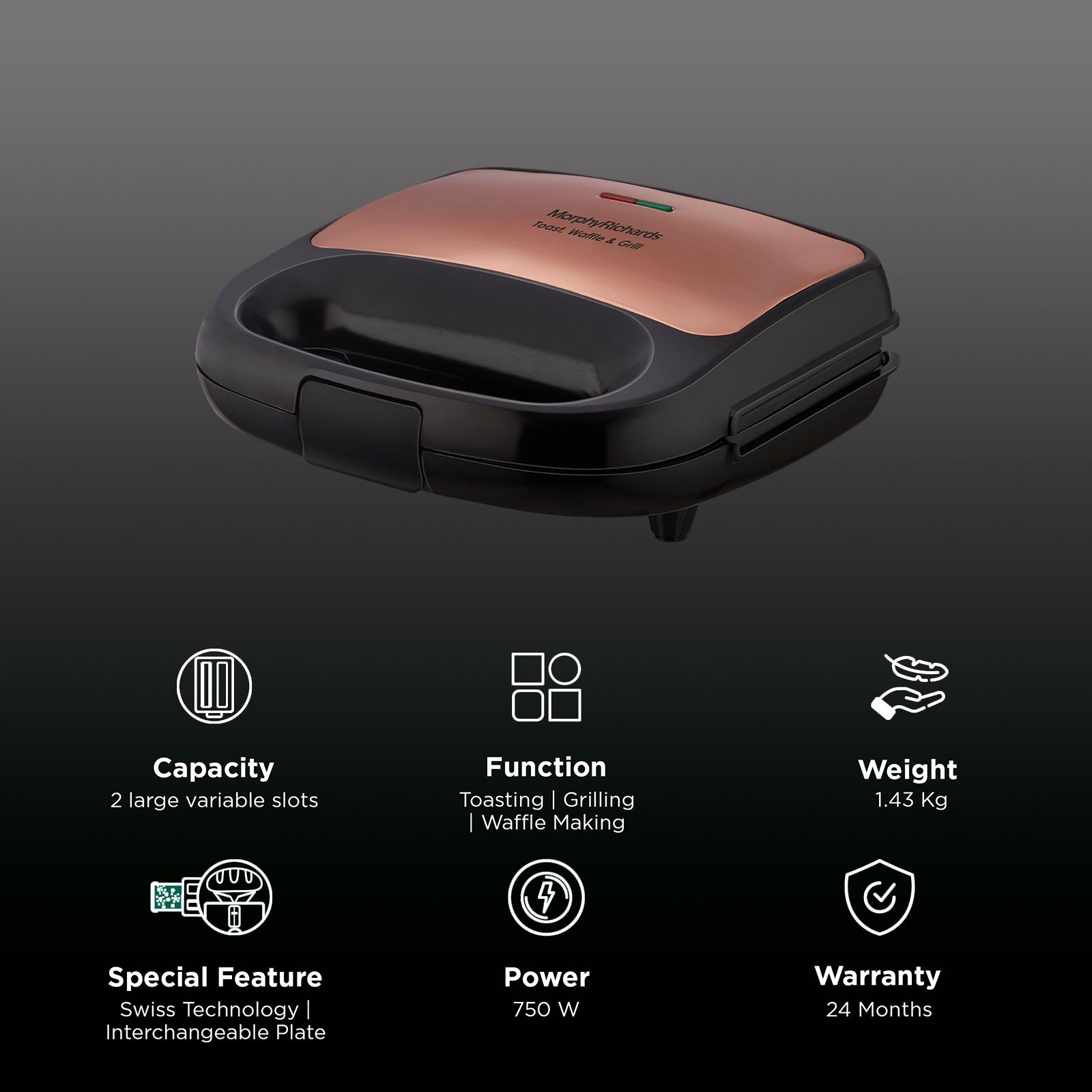 morphy richards Luxe 750W 2 Slice Sandwich Maker  with  I-Lag Non-stick Coating (Rose Gold) _3
