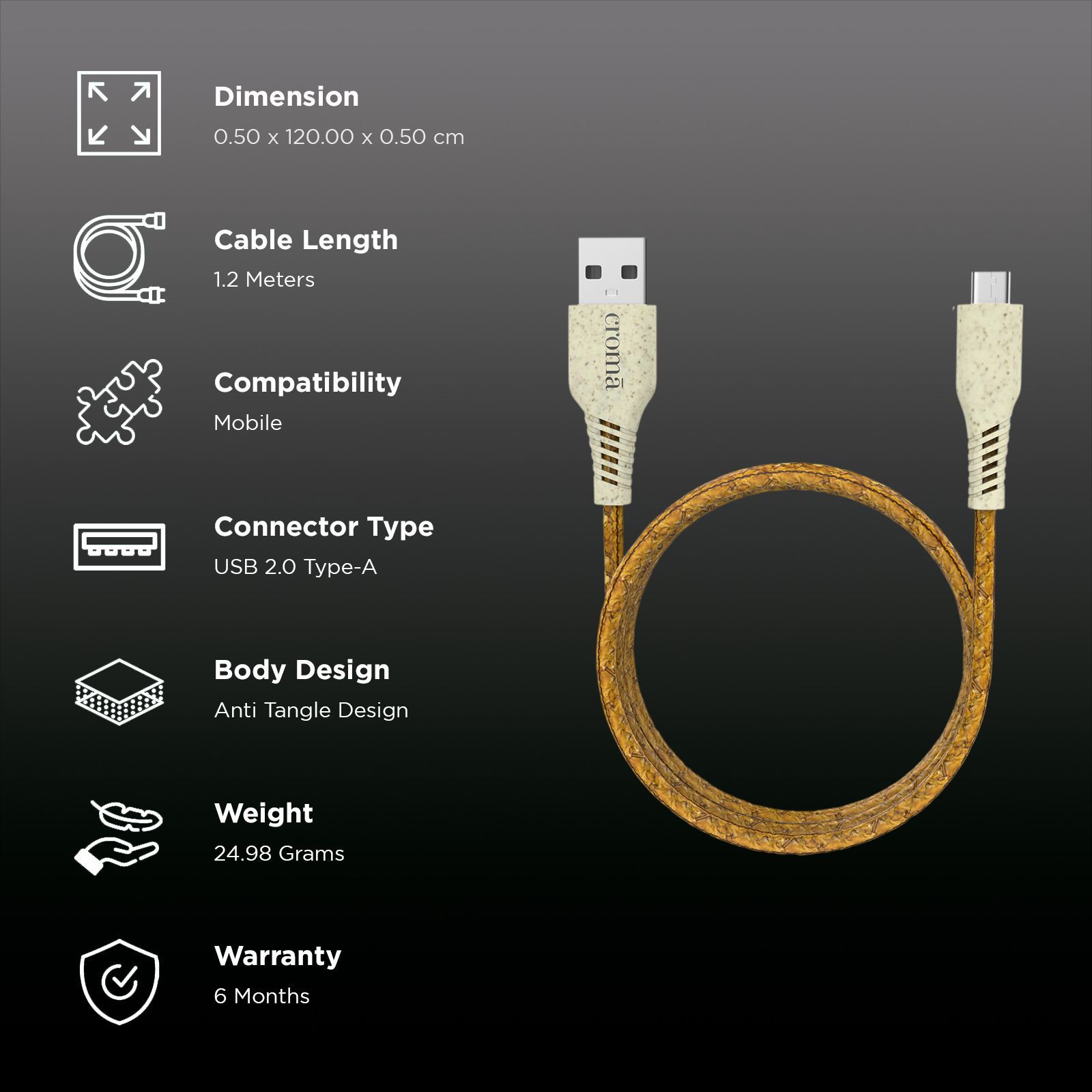 Croma Eco Type A to Type C 3.9 Feet (1.2M) Cable (Bio-degradable Material, Brown)_2