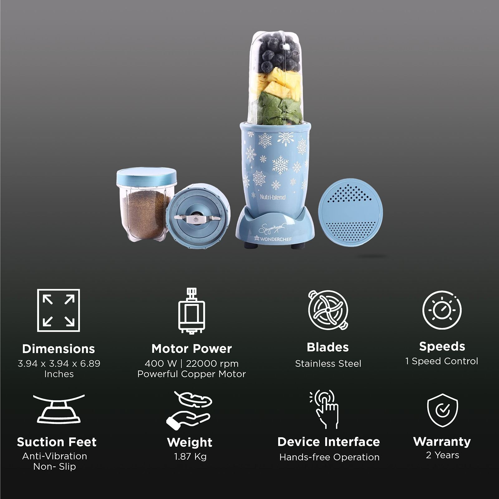 WONDERCHEF Nutri-blend Snowflakes 400 Watt 2 Jars Mixer Grinder Blender (22000 RPM, Full Copper Motor, Blue)_2