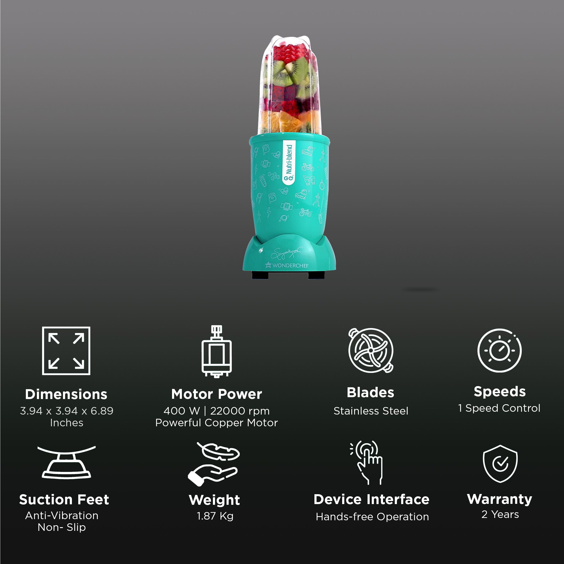 WONDERCHEF Nutri-Blend Go 400 Watt 1 Jar Mixer Grinder Blender (22000 RPM, Crafted for Fitness Enthusiasts, Mint) WONDERCHEF Nutri-Blend Go 400 Watt 1 Jar Mixer Grinder Blender (22000 RPM, Crafted for Fitness Enthusiasts, Mint)_2