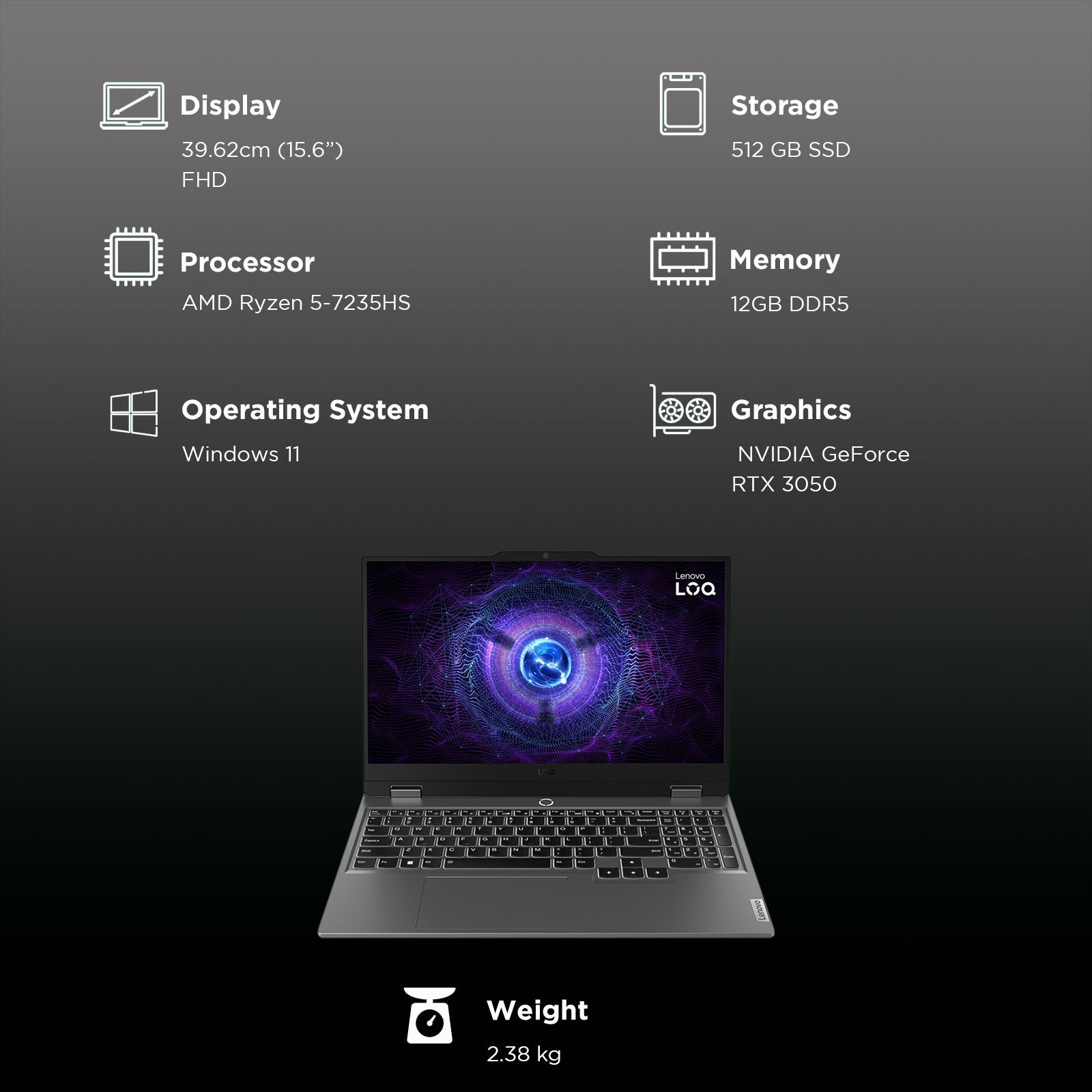 Lenovo LOQ Gen 9 AMD Ryzen 5 Gaming Laptop (12GB, 512GB, Windows 11 Home, 6GB Graphics, 15.6 inch 144 Hz Full HD IPS Anti Glare Display, NVIDIA GeForce RTX 3050, MS Office 2021, Luna Grey, 2.38 Kg)_3