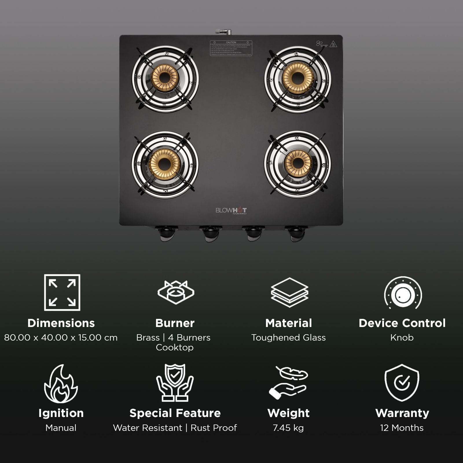BLOWHOT Pearl Toughened Glass Top 4 Burner Manual Gas Stove (ISI Certified, Black)_3