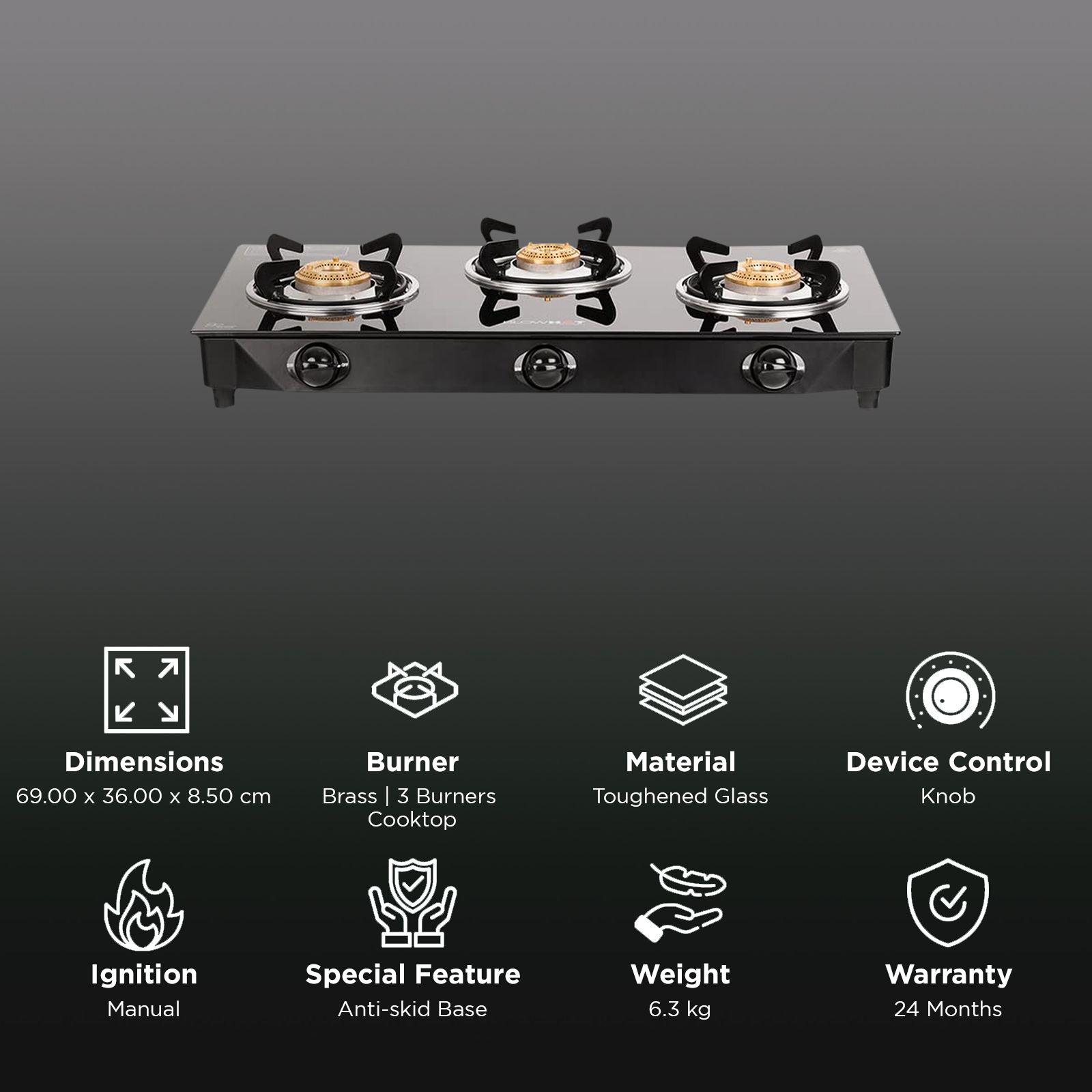 BLOWHOT Ruby Toughened Glass Top 3 Burner Manual Gas Stove (ISI Certified, Black)_3