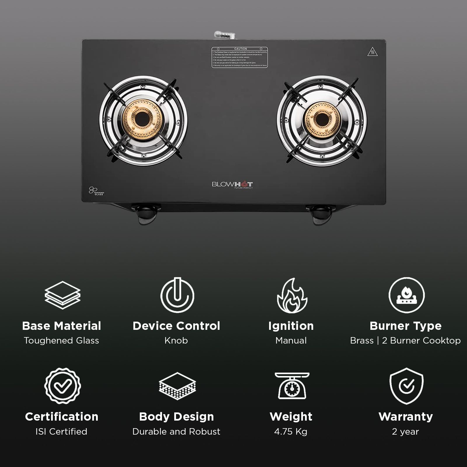 BLOWHOT Ruby Toughened Glass Top 2 Burner Manual Gas Stove (ISI Certified, Black)_2
