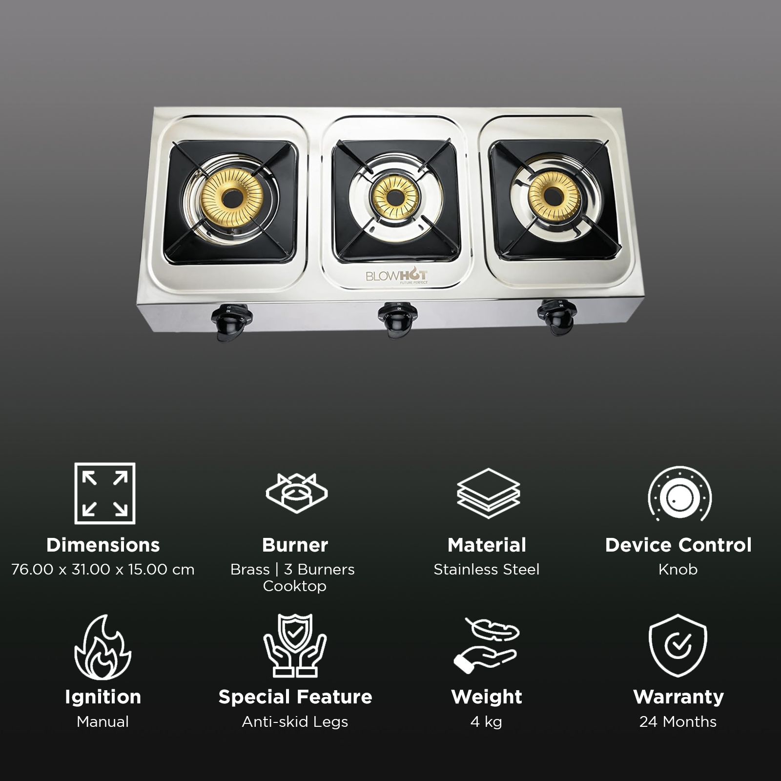 BLOWHOT Crystal Stainless Steel Top 3 Burner Manual Gas Stove (ISI Certified, Black)_3