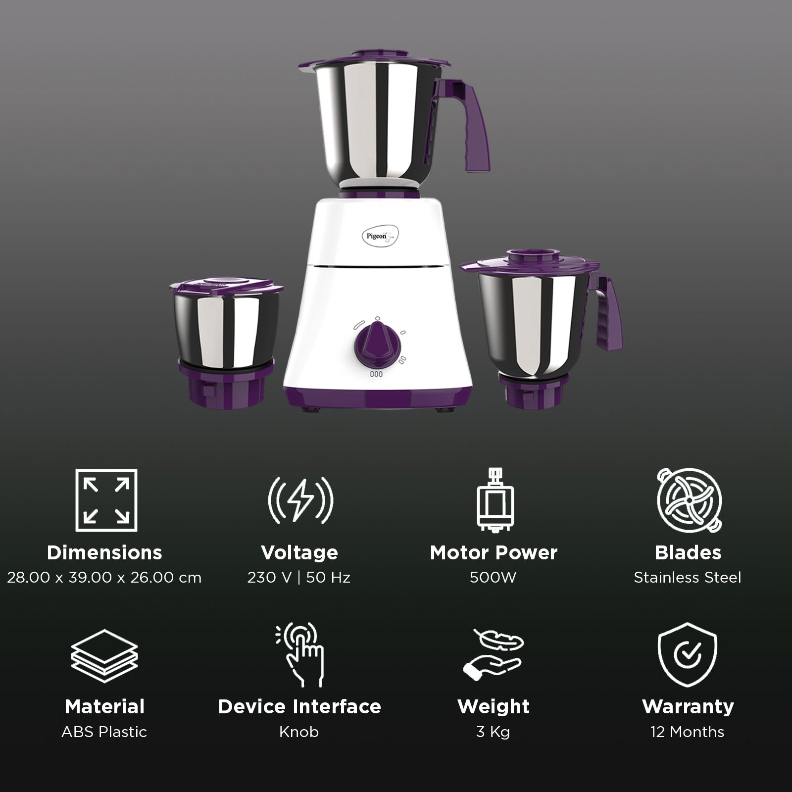 Pigeon 16086 Favourite 500 Watt 3 Jars Mixer Grinder (Shock Proof Body, White & Purple)_2