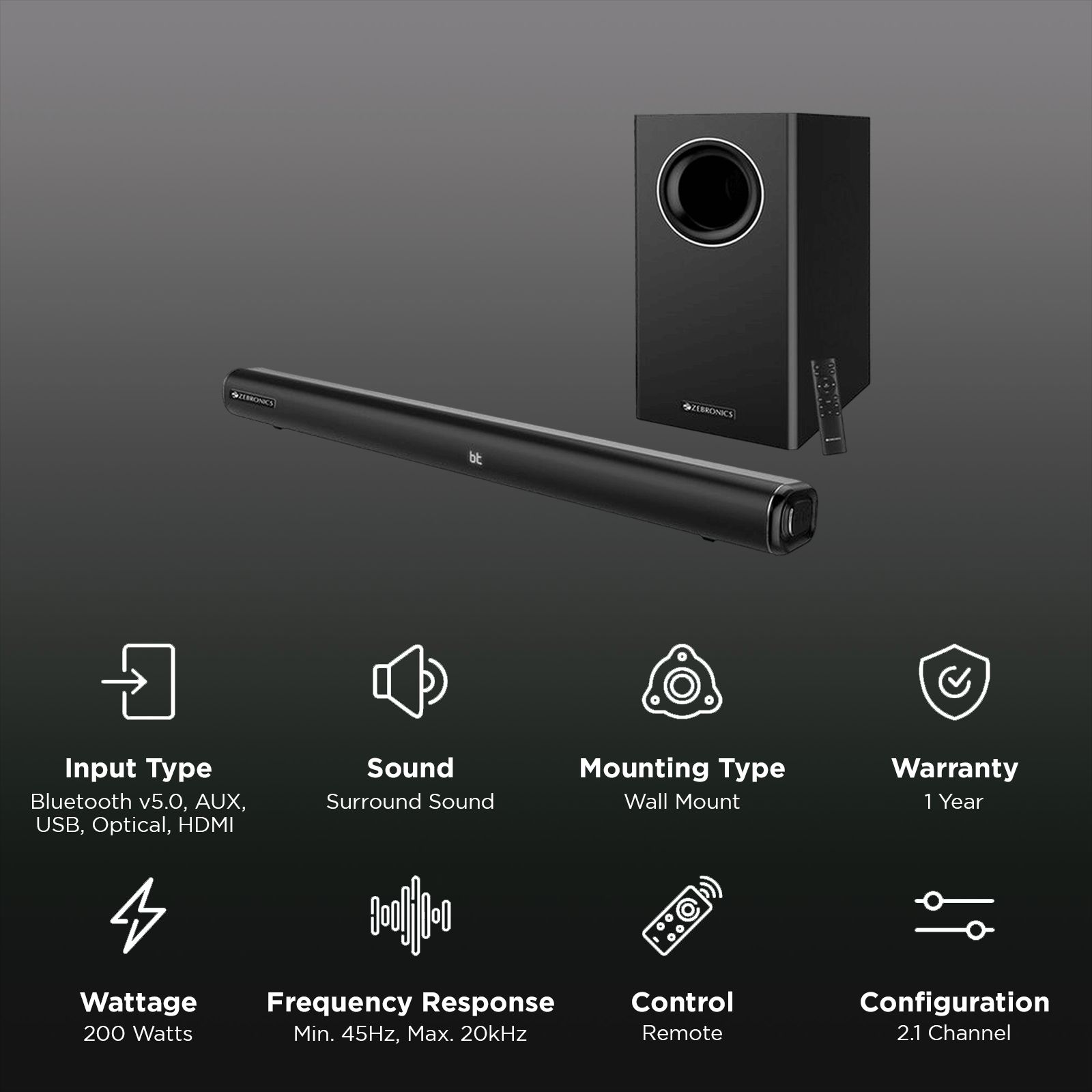 ZEBRONICS ZEB-Juke Bar 6000DWS Pro 200W Bluetooth Soundbar with Remote (Immersive Audio, 2.1 Channel, Black)_2