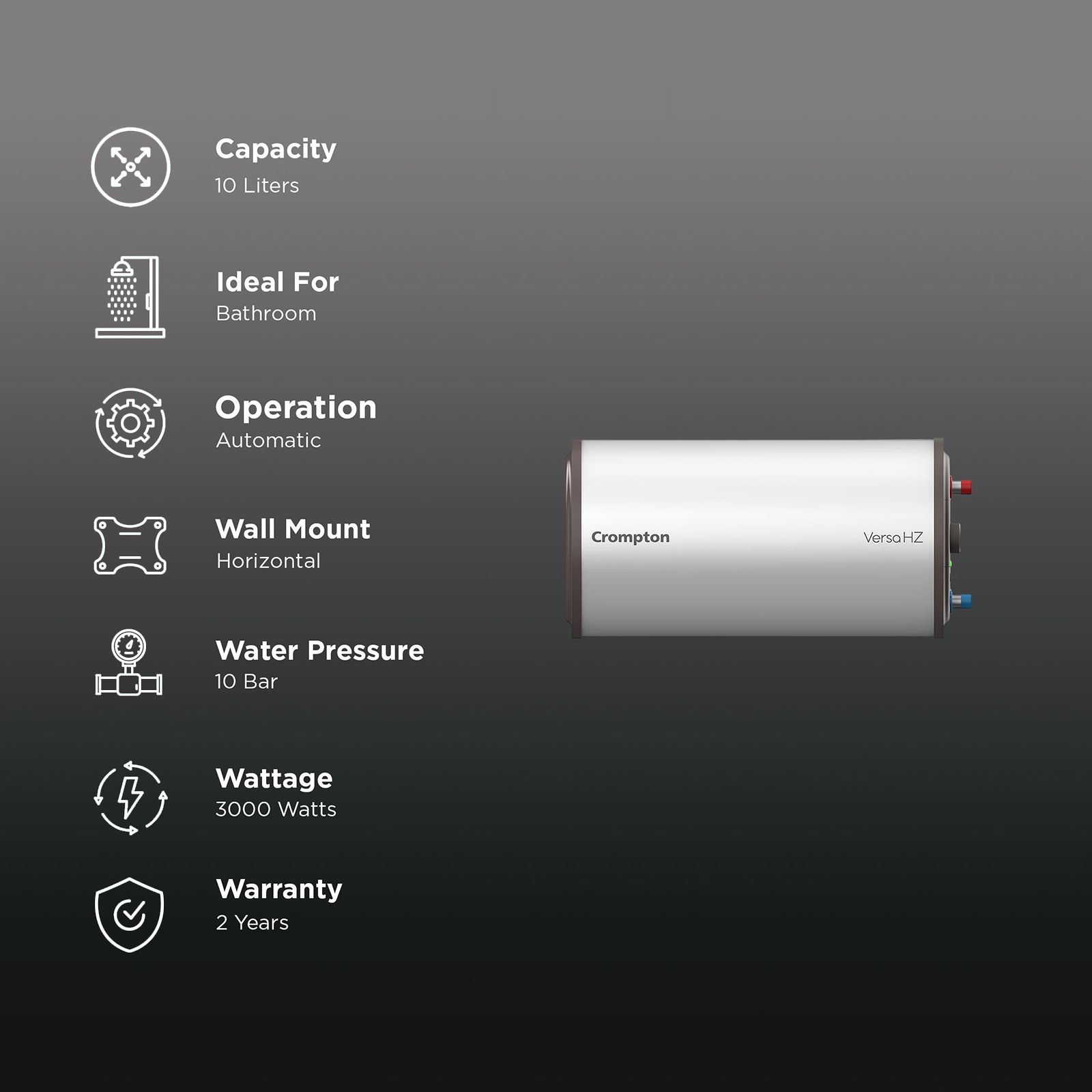 Crompton Versa Hz RHS 10 Litre 3 Star Horizontal Storage Geyser with Powerful Heating Element (Ivory)_2