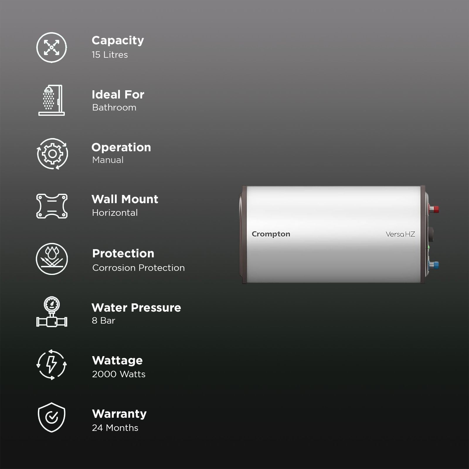 Crompton Versa HZ 15 Litre 3 Star Horizontal Storage Geyser with Advanced 3 Level Safety (White)_3