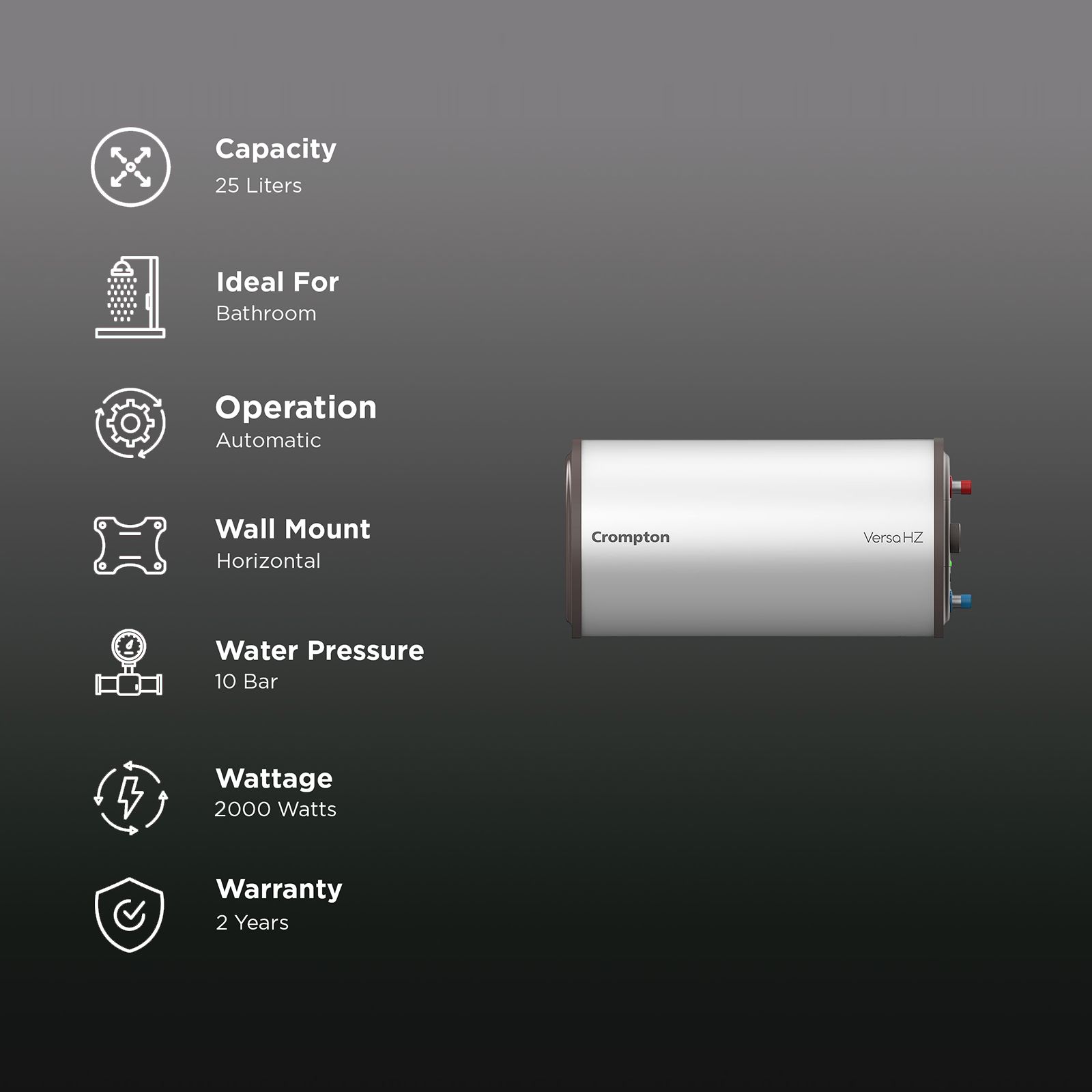 Crompton Versa Hz RHS 25 Litre 3 Star Horizontal Storage Geyser with Powerful Heating Element (White)_2