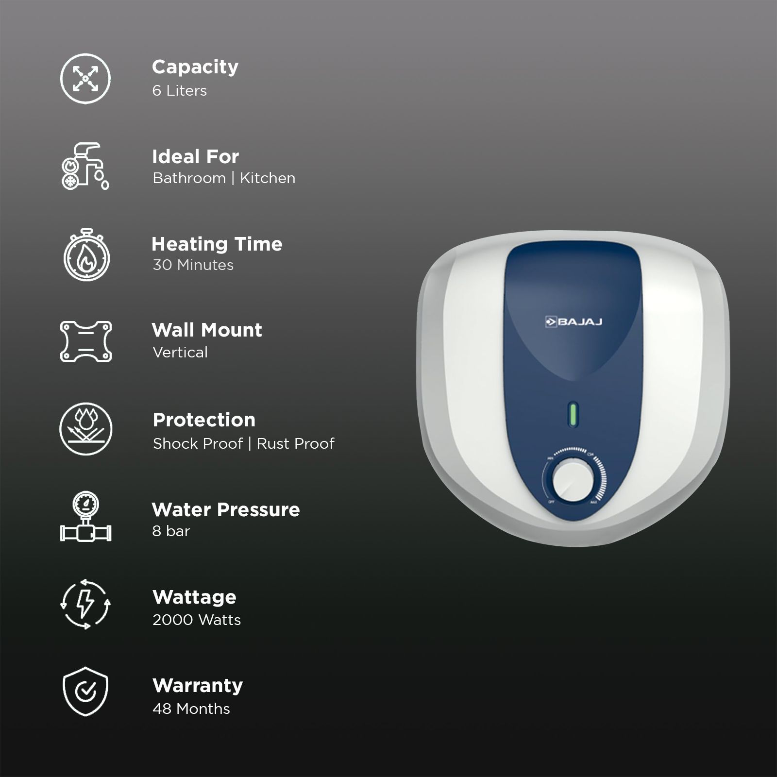 BAJAJ Armour Series Pentacle 6 Litre 5 Star Vertical Storage Geyser with Non Stick Heating Element (White and Blue)_3