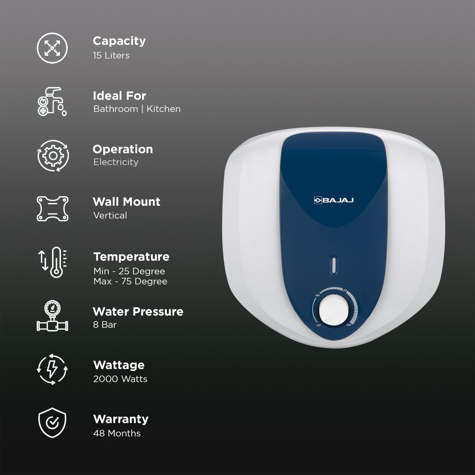 BAJAJ Armor Series Pentacle 15 Litre 5 Star Vertical Storage Geyser with Swirl Flow Technology (White and Blue) BAJAJ Armor Series Pentacle 15 Litre 5 Star Vertical Storage Geyser with Swirl Flow Technology (White and Blue)_3