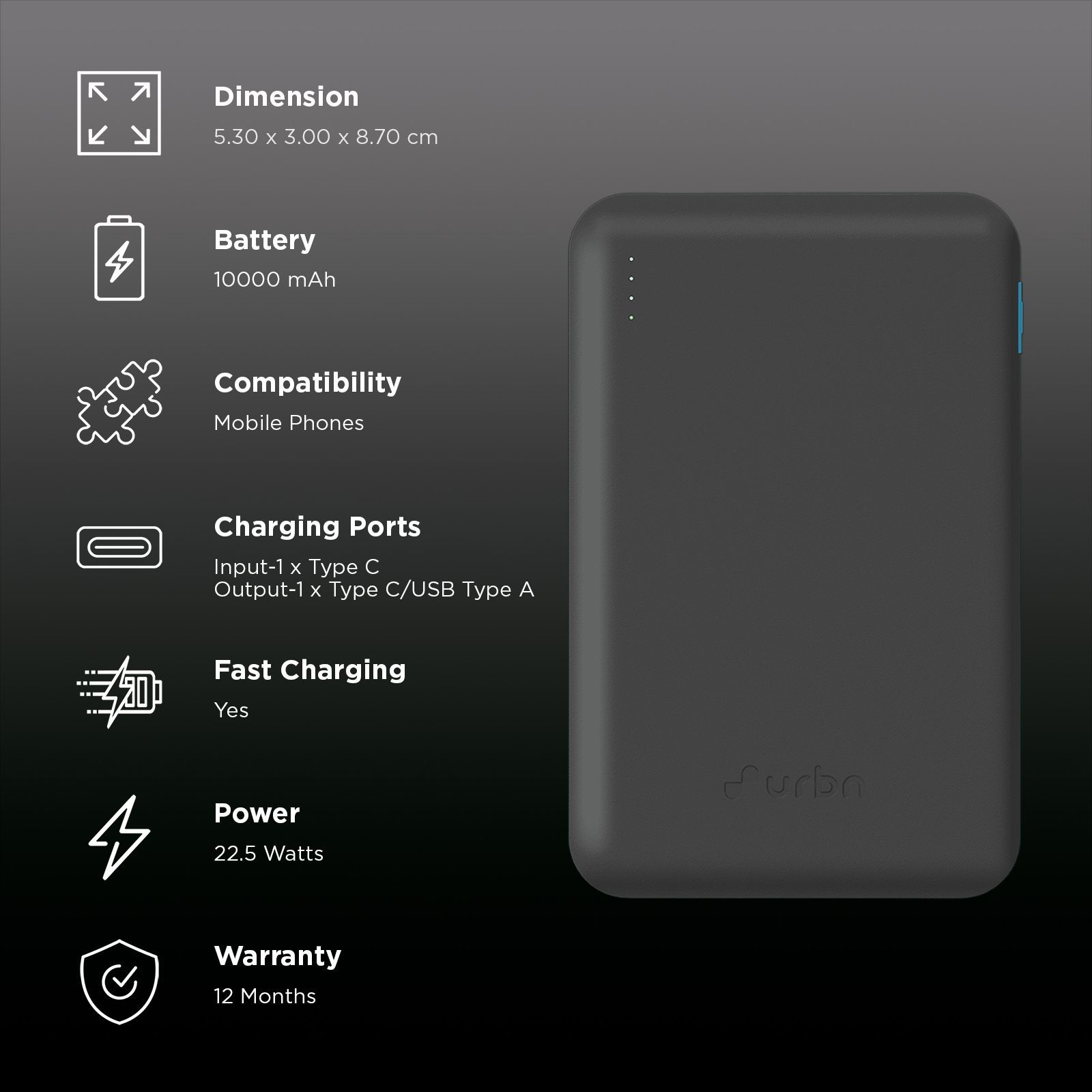 urbn Nano Slim 10000 mAh 22.5W Fast Charging Power Bank (2 Type C & 1 Type A Ports, 12 Layers Circuit Protection, Black) urbn Nano Slim 10000 mAh 22.5W Fast Charging Power Bank (2 Type C & 1 Type A Ports, 12 Layers Circuit Protection, Black)_3