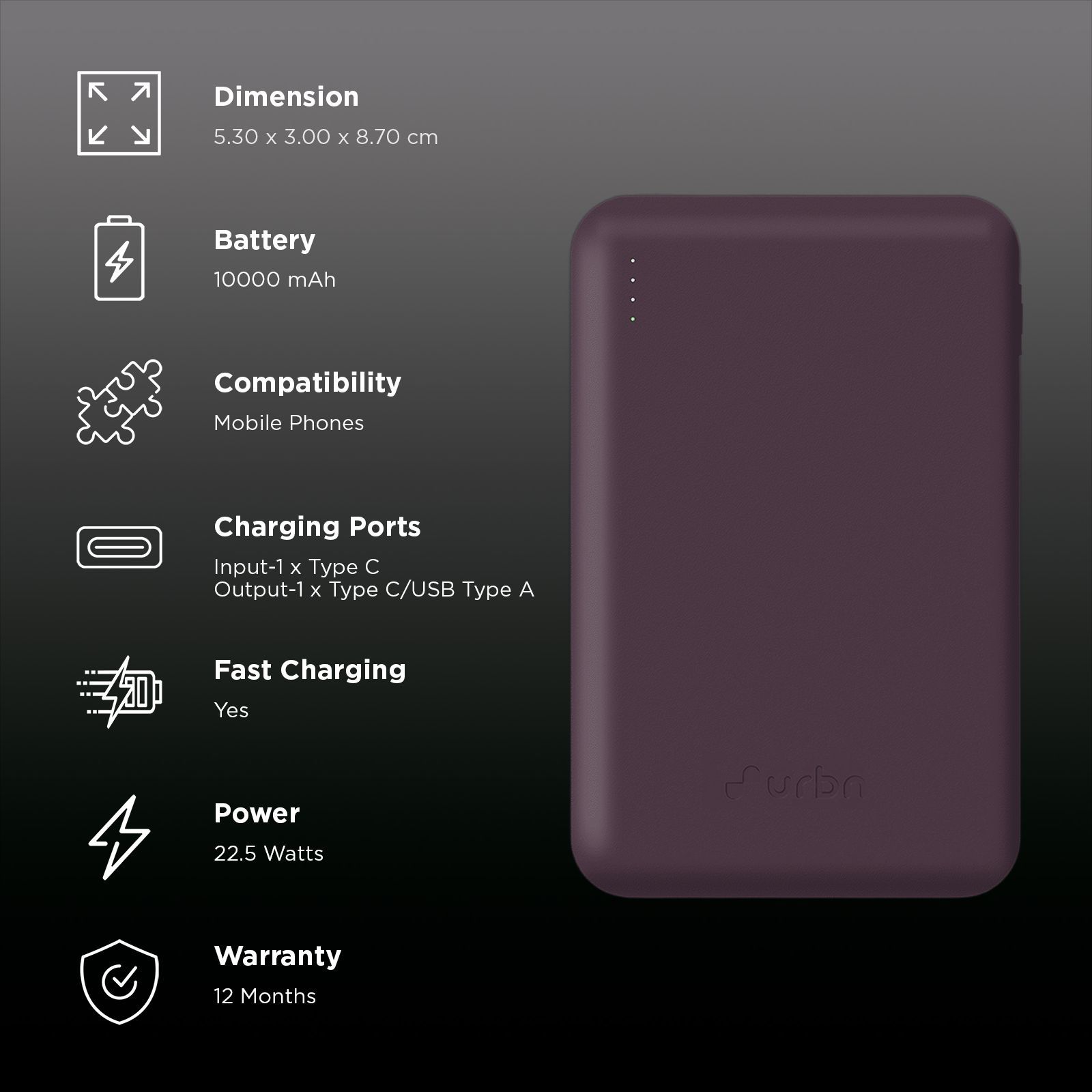 urbn Nano Slim 10000 mAh 22.5W Fast Charging Power Bank (2 Type C & 1 Type A Ports, 12 Layers Circuit Protection, Purple)_3