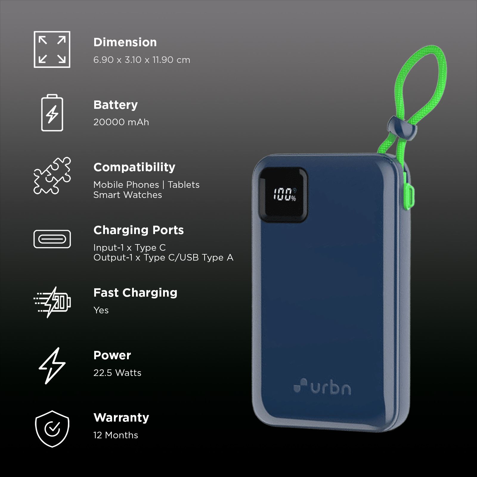 urbn Ultra Link 20000 mAh 22.5W Fast Charging Power Bank (1 Type A & 2 Type C Ports, Smart LED Display, Blue) urbn Ultra Link 20000 mAh 22.5W Fast Charging Power Bank (1 Type A & 2 Type C Ports, Smart LED Display, Blue)_3