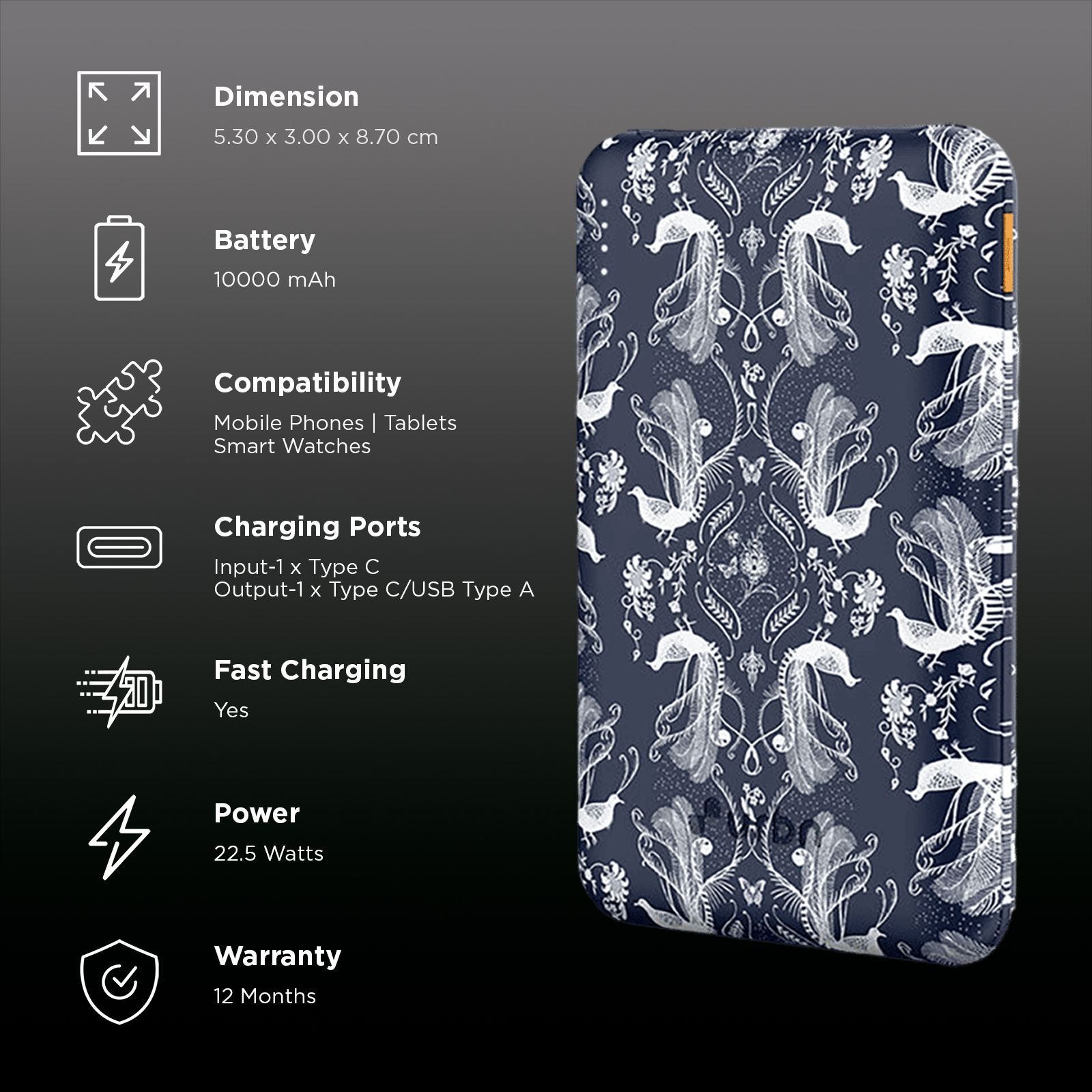 urbn Nano Slim Payal Singhal Edition 10000 mAh 22.5W Fast Charging Power Bank (1 Type A & 2 Type C Ports, 12 Layer Circuit Protection, PS Blue)_3