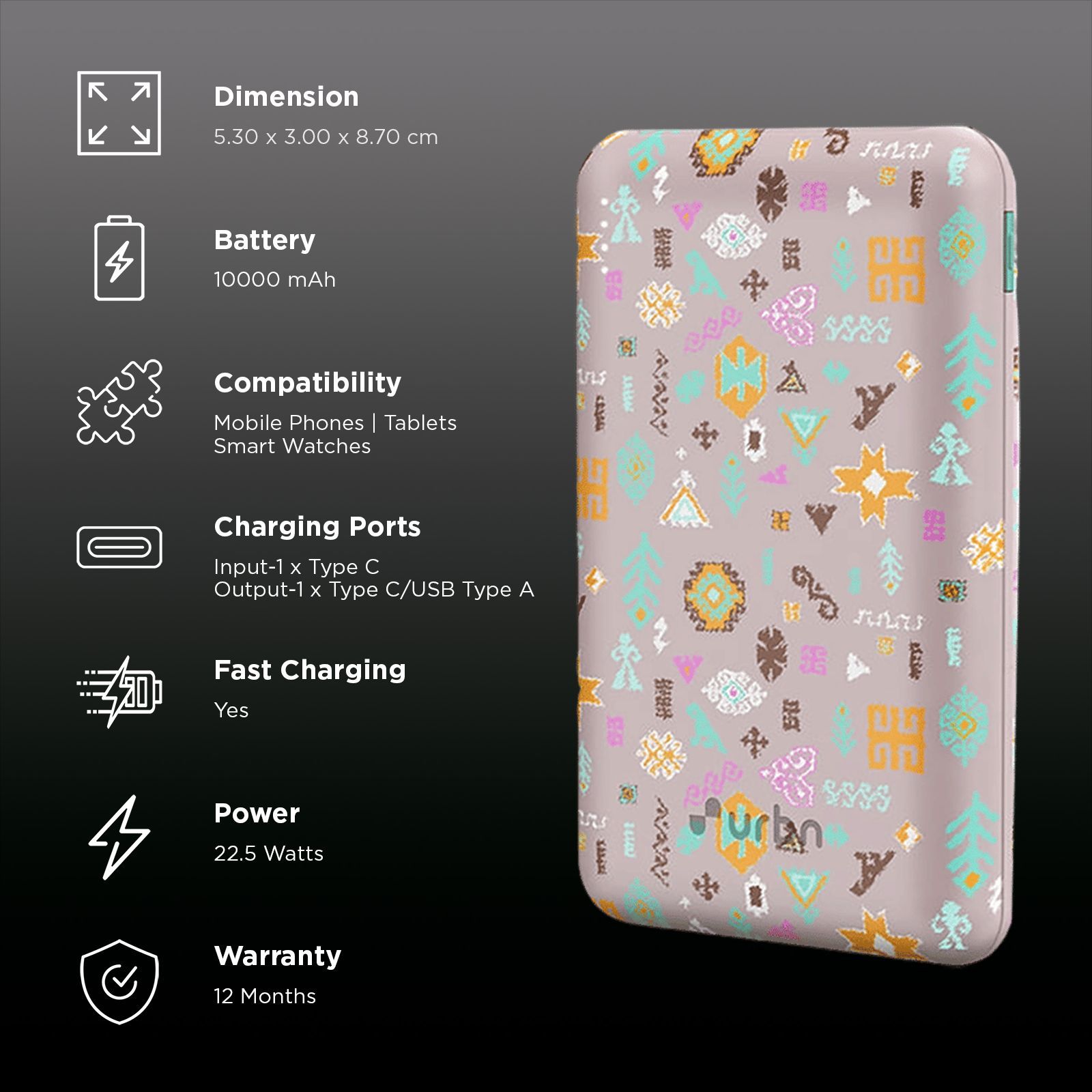 urbn Nano Slim Payal Singhal Edition 10000 mAh 22.5W Fast Charging Power Bank (1 Type A & 2 Type C Ports, 12 Layer Circuit Protection, PS Pink)_3