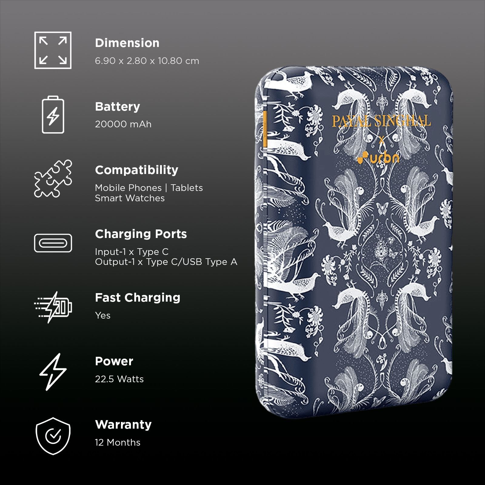 urbn Nano Slim Payal Singhal Edition 20000 mAh 22.5W Fast Charging Power Bank (1 Type A & 2 Type C Ports, 12 Layer Circuit Protection, PS Blue)_3